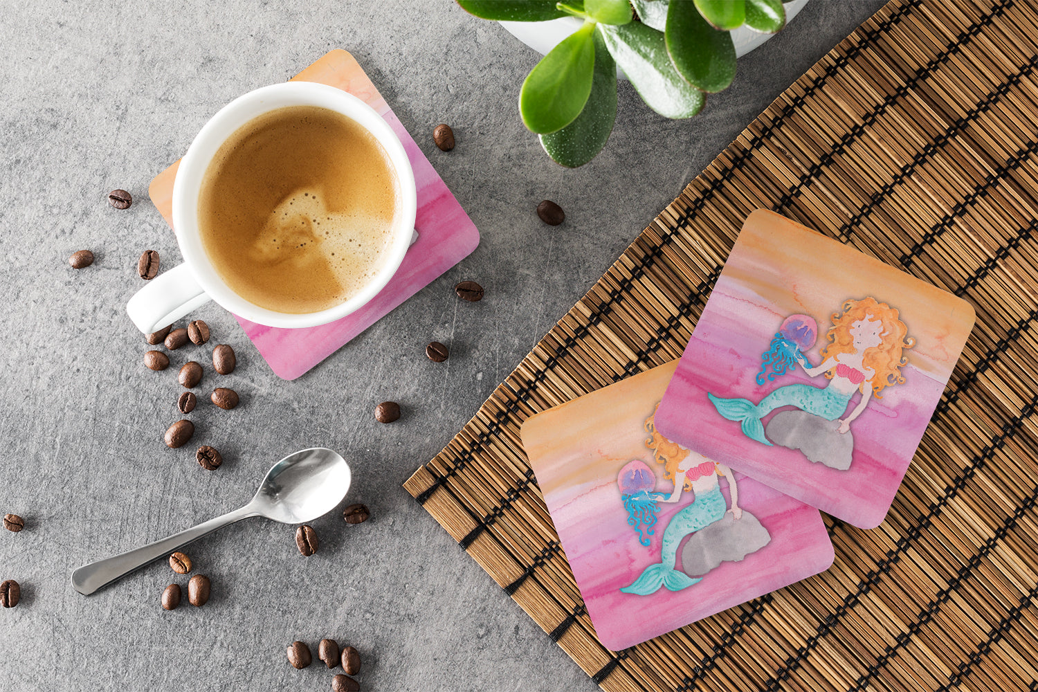 Blonde Mermaid Watercolor Foam Coaster Set of 4 BB7423FC - the-store.com