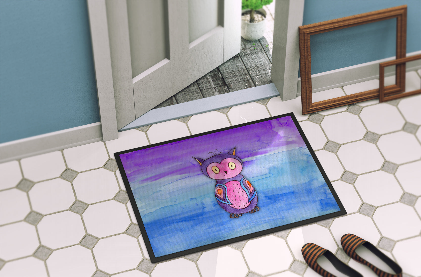 Pink and Purple Owl Watercolor Indoor or Outdoor Mat 18x27 BB7427MAT - the-store.com