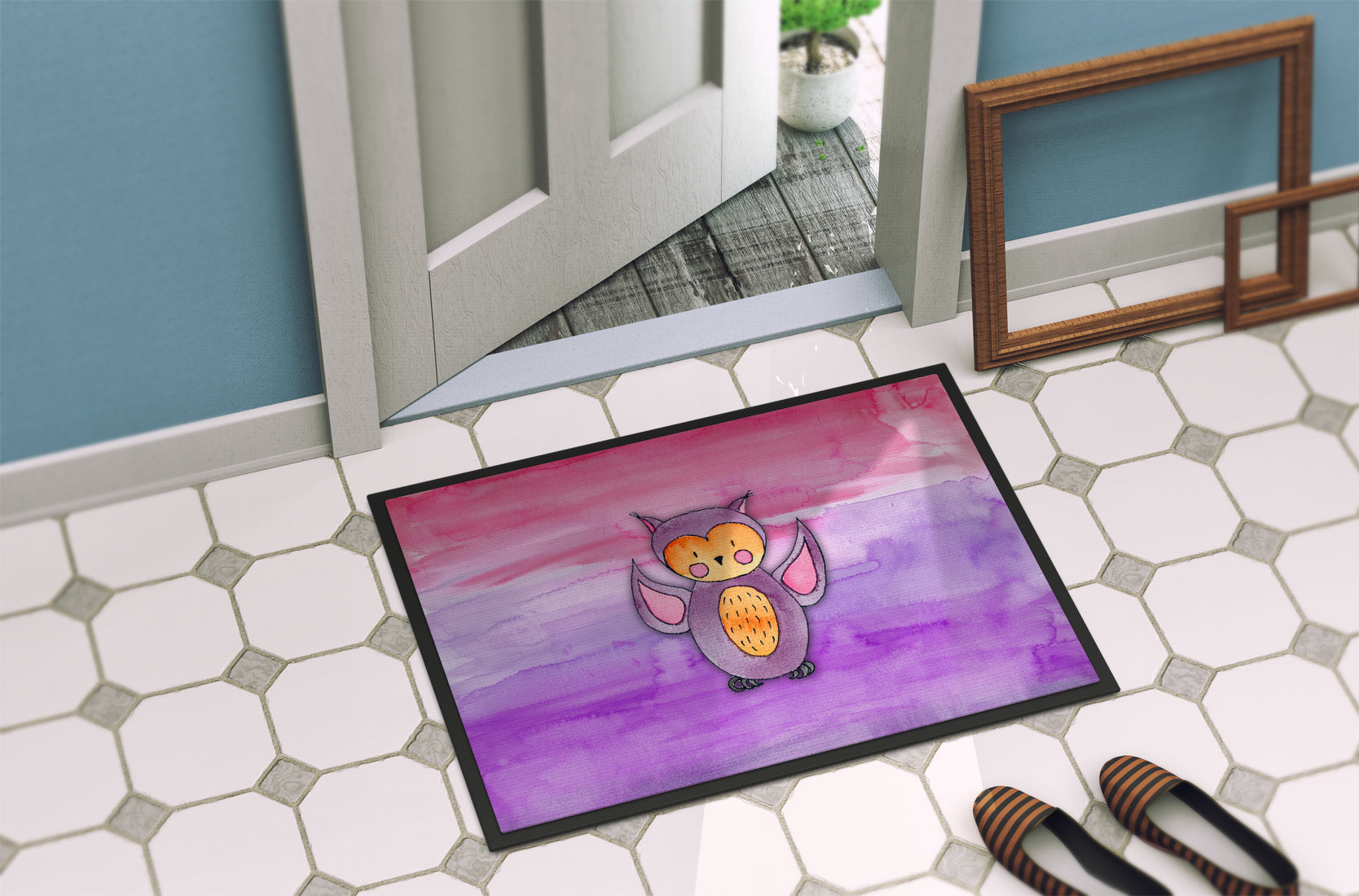 Pink and Purple Owl Watercolor Indoor or Outdoor Mat 18x27 BB7428MAT - the-store.com