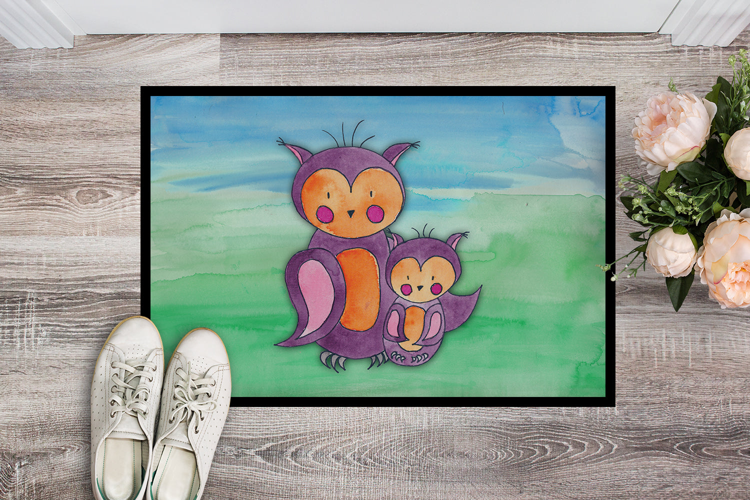 Momma and Baby Owl Watercolor Indoor or Outdoor Mat 18x27 BB7430MAT - the-store.com