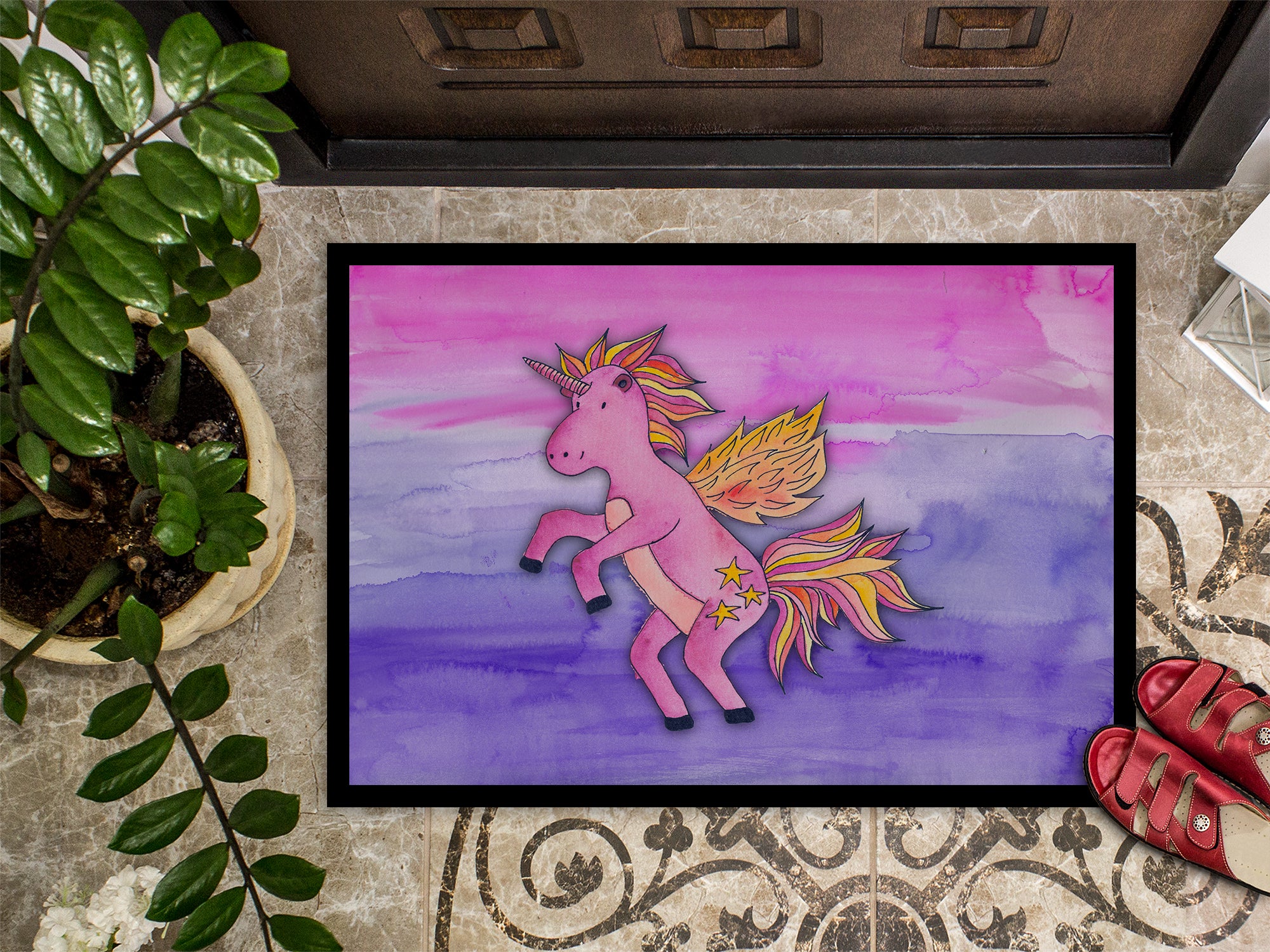 Pink Unicorn Watercolor Indoor or Outdoor Mat 18x27 BB7432MAT - the-store.com