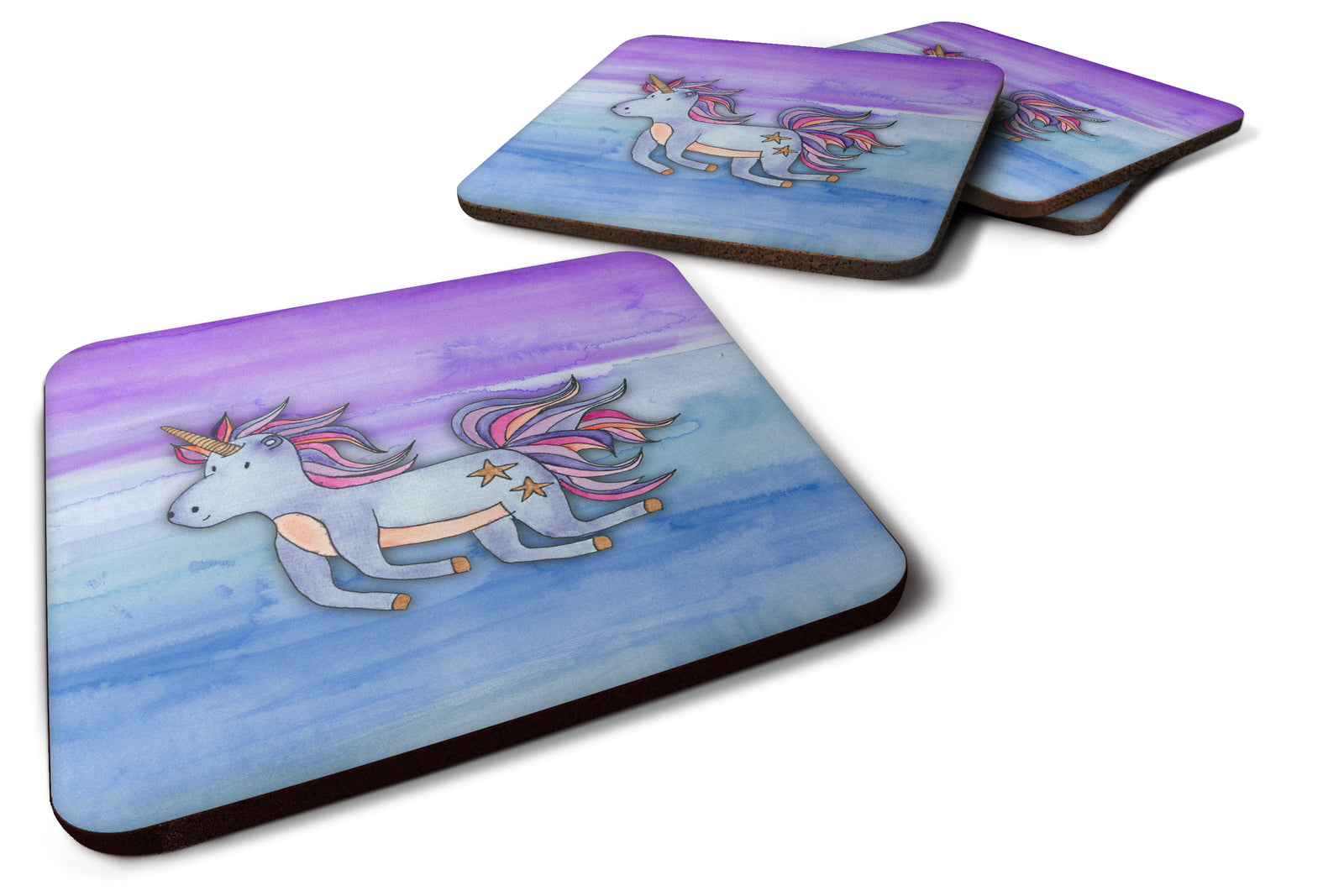 Blue Unicorn Watercolor Foam Coaster Set of 4 BB7433FC - the-store.com