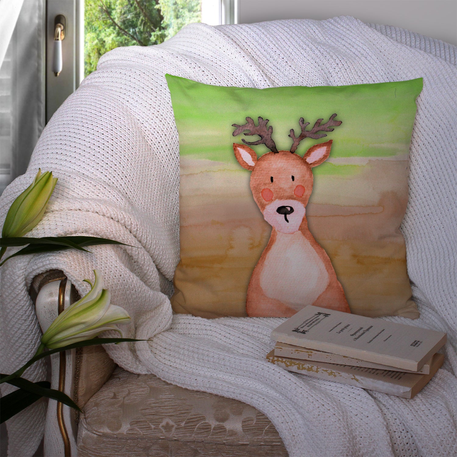 Deer Watercolor Fabric Decorative Pillow BB7435PW1414 - the-store.com