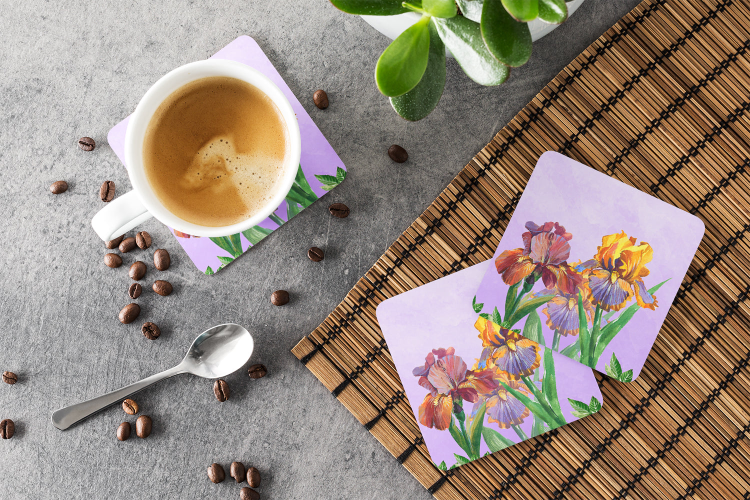 Purple and Yellow Iris Foam Coaster Set of 4 BB7445FC - the-store.com