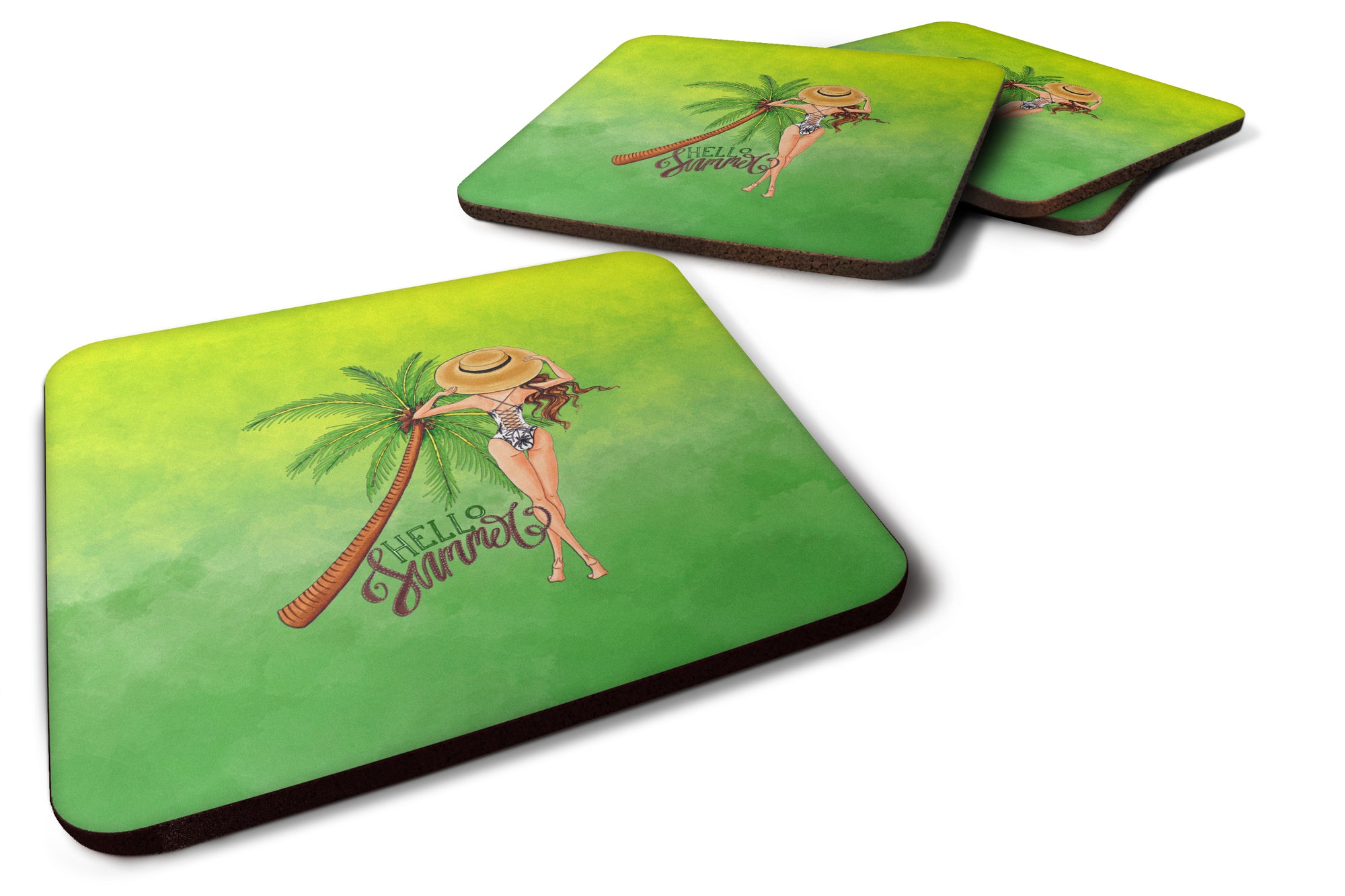 Hello Summer Lady in Swimsuit Foam Coaster Set of 4 BB7452FC - the-store.com