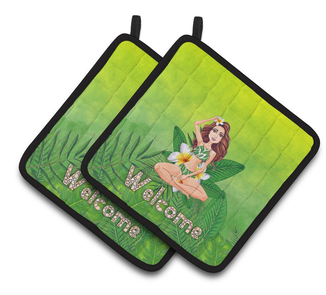 Welcome Lady in Bikini Summer Pair of Pot Holders BB7457PTHD by Caroline&#39;s Treasures