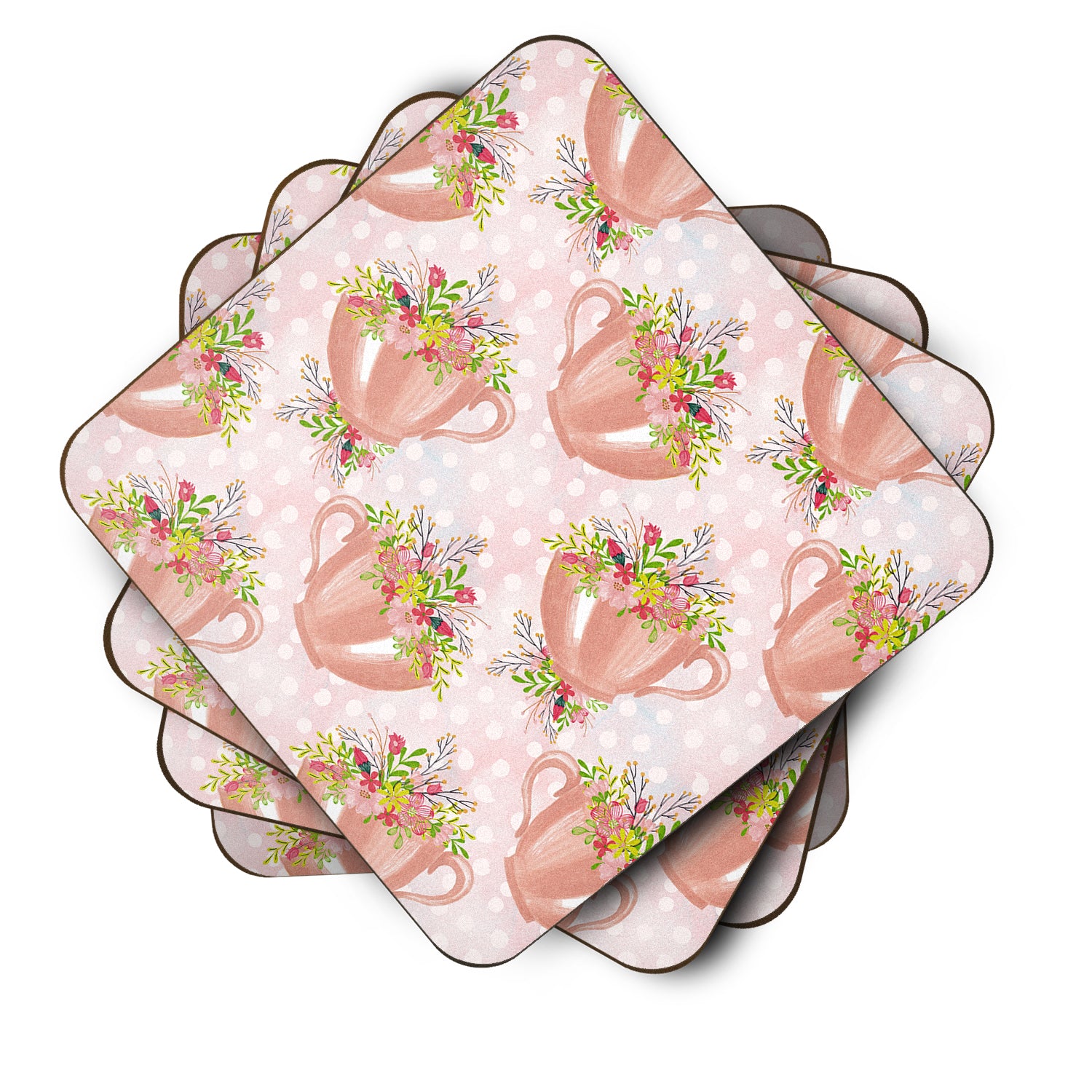 Tea Cup and Flowers Pink Foam Coaster Set of 4 BB7481FC - the-store.com