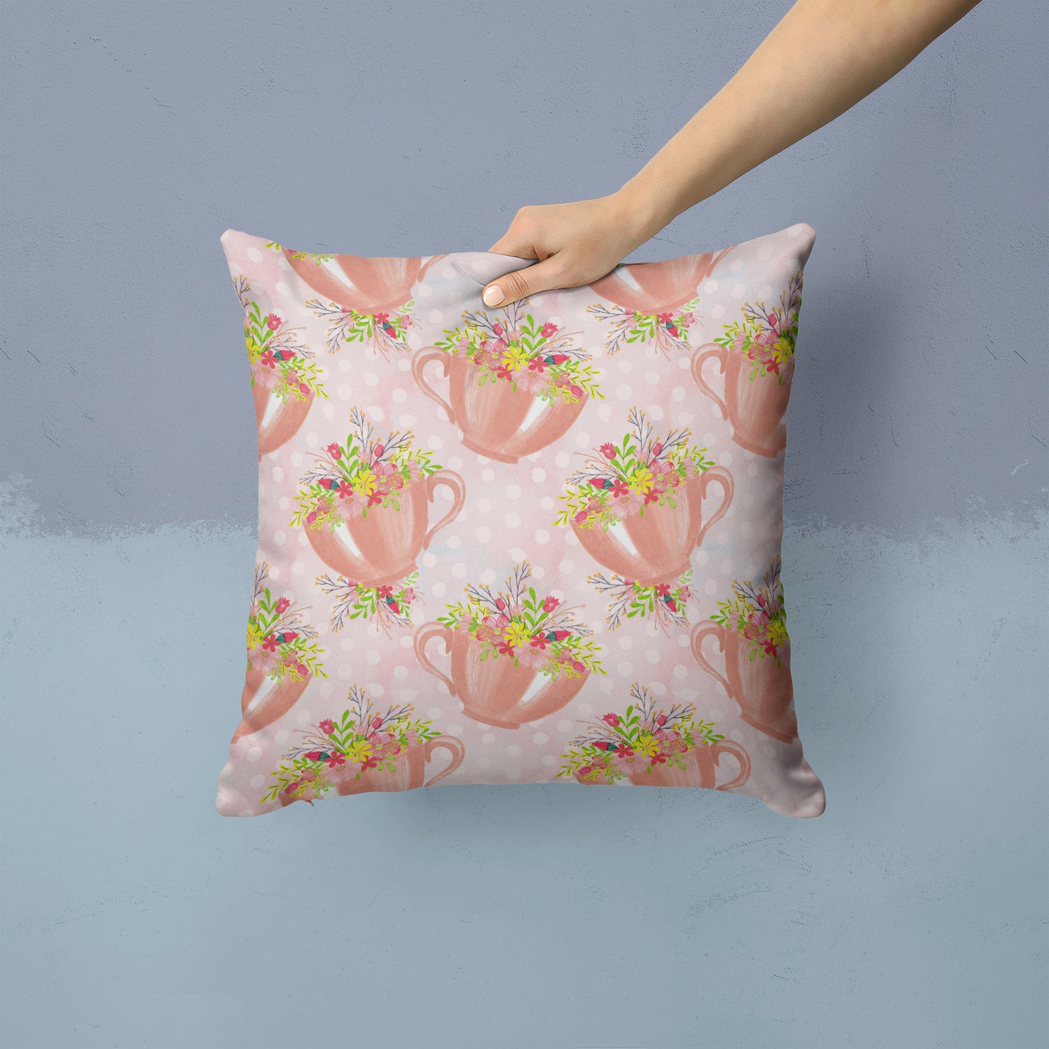 Tea Cup and Flowers Pink Fabric Decorative Pillow BB7481PW1414 - the-store.com