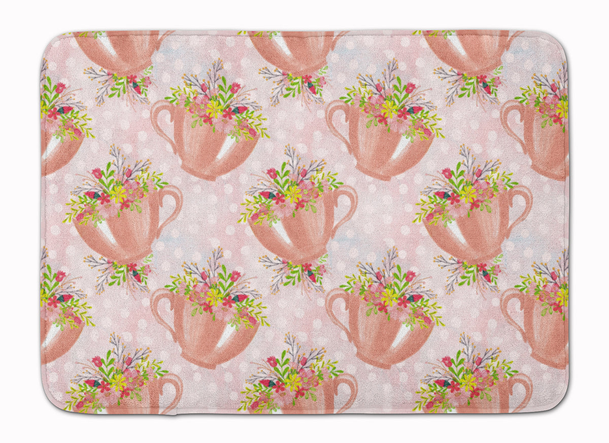 Tea Cup and Flowers Pink Machine Washable Memory Foam Mat BB7481RUG - the-store.com