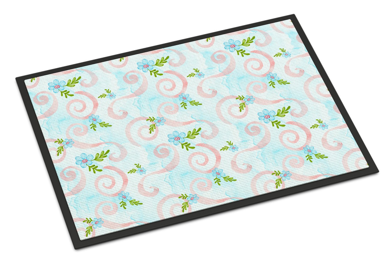 Watercolor Blue Flowers and Swirls Indoor or Outdoor Mat 24x36 BB7482JMAT by Caroline's Treasures