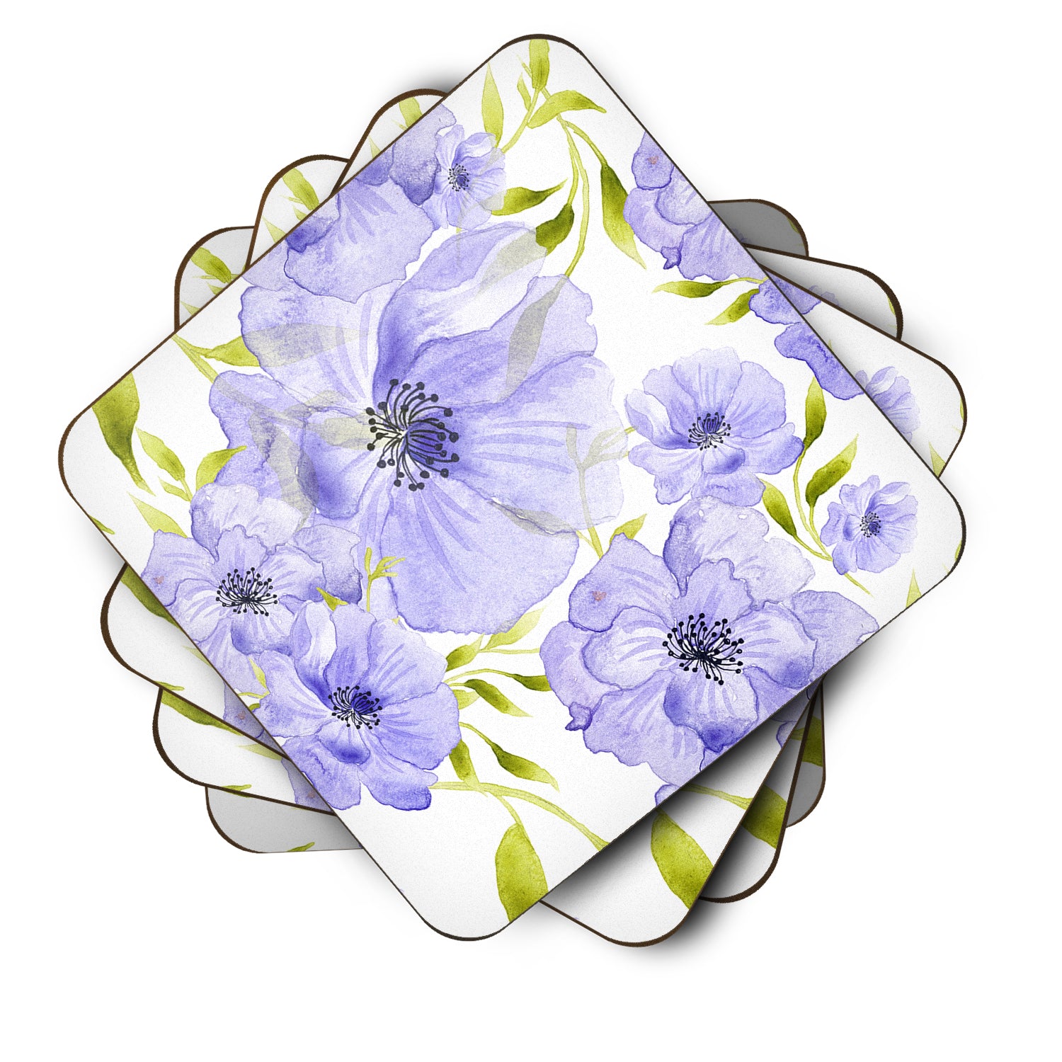 Watercolor Blue Flowers Foam Coaster Set of 4 BB7491FC - the-store.com