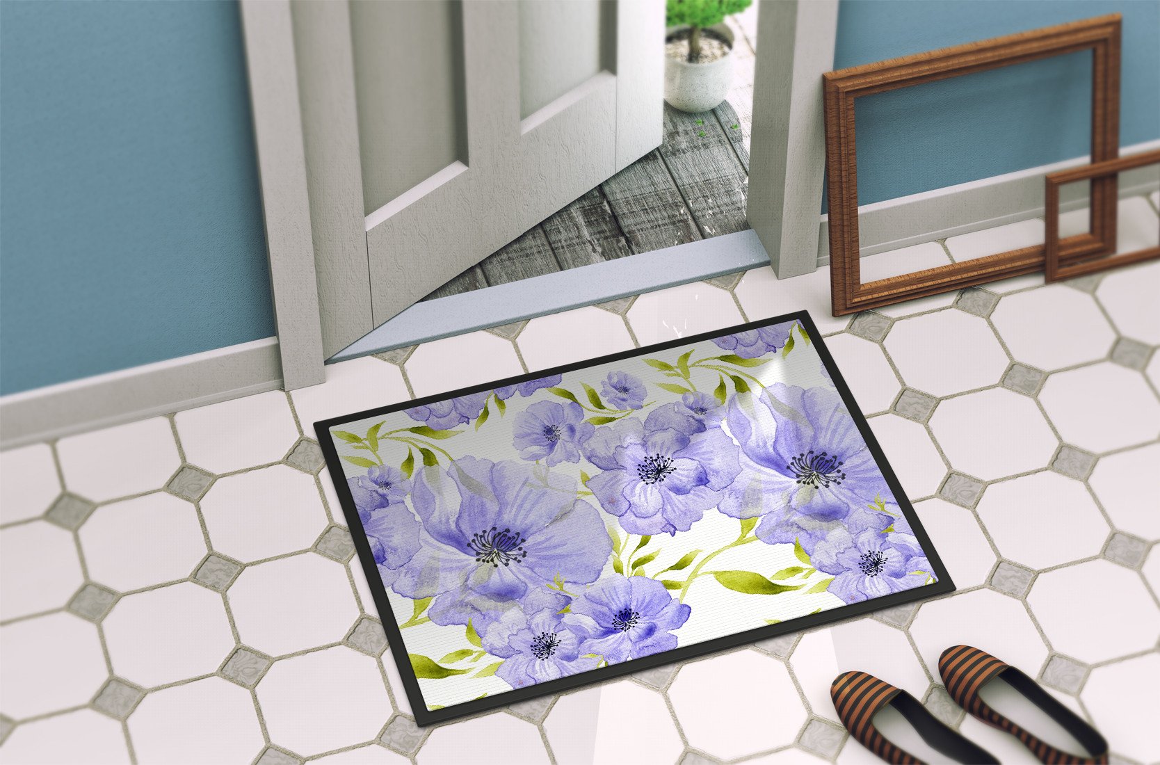 Watercolor Blue Flowers Indoor or Outdoor Mat 24x36 BB7491JMAT by Caroline's Treasures