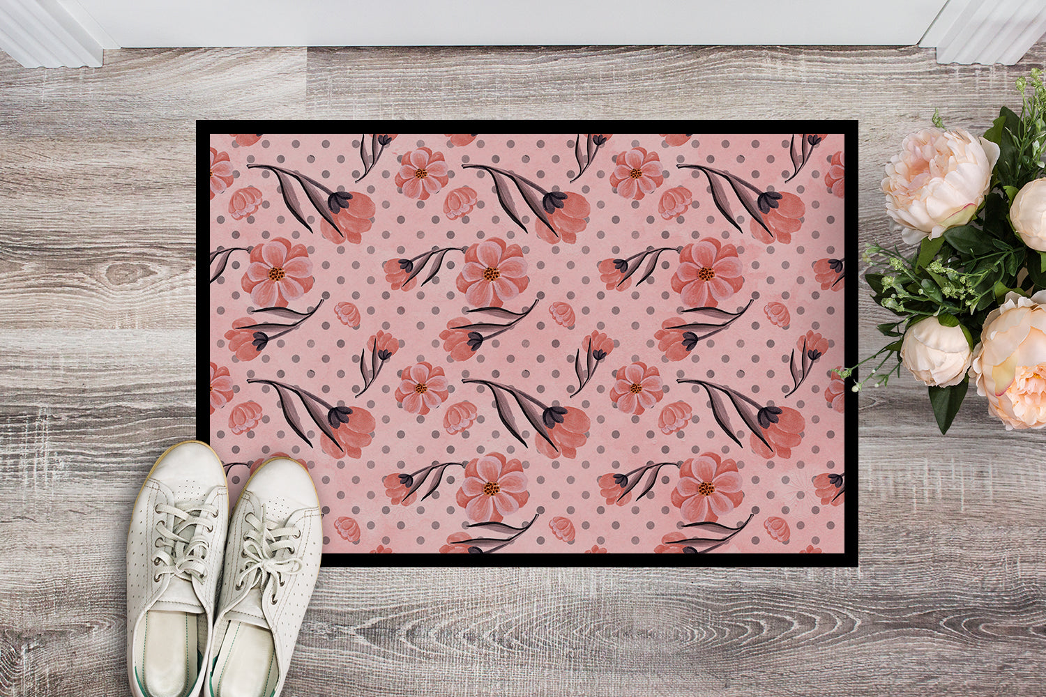 Pink Flowers and Polka Dots Indoor or Outdoor Mat 18x27 BB7499MAT - the-store.com