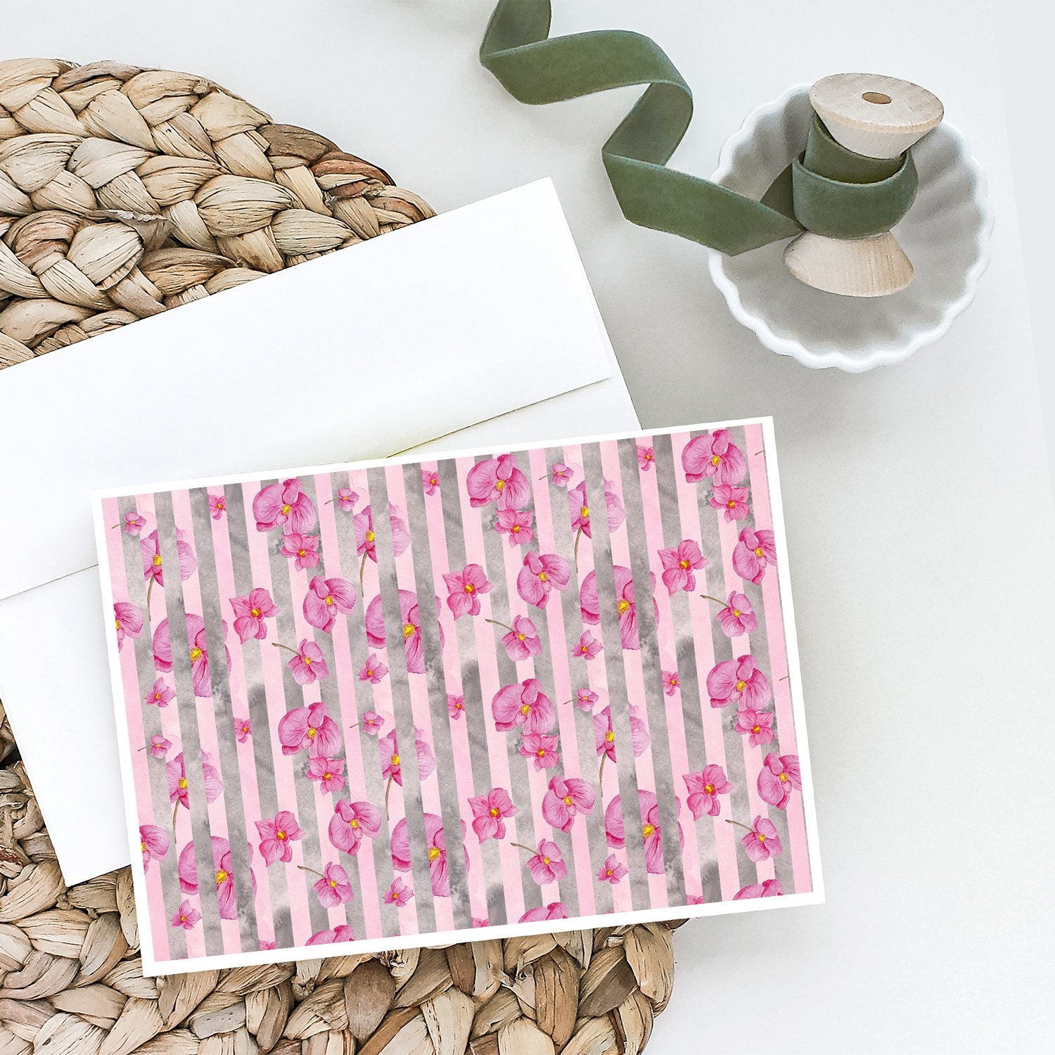 Buy this Watercolor Pink Flowers Grey Stripes Greeting Cards and Envelopes Pack of 8