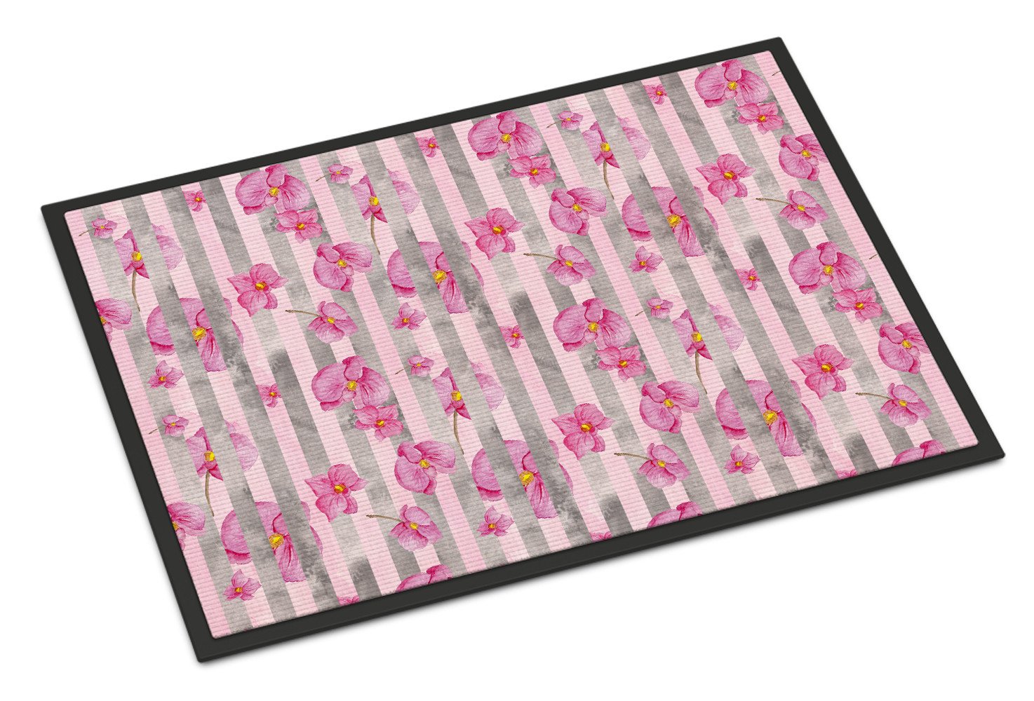 Watercolor Pink Flowers Grey Stripes Indoor or Outdoor Mat 24x36 BB7502JMAT by Caroline's Treasures