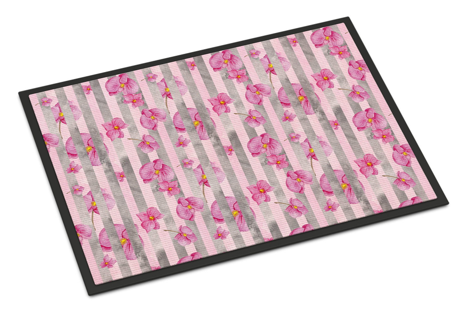 Watercolor Pink Flowers Grey Stripes Indoor or Outdoor Mat 18x27 BB7502MAT - the-store.com