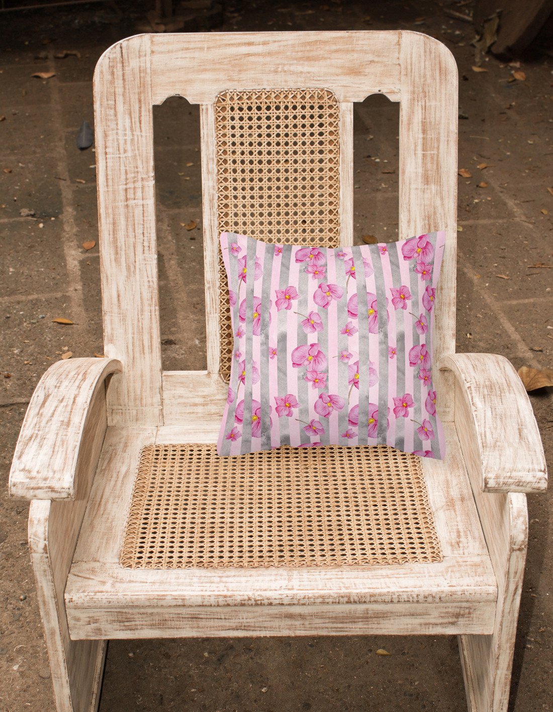 Watercolor Pink Flowers Grey Stripes Fabric Decorative Pillow BB7502PW1818 by Caroline's Treasures