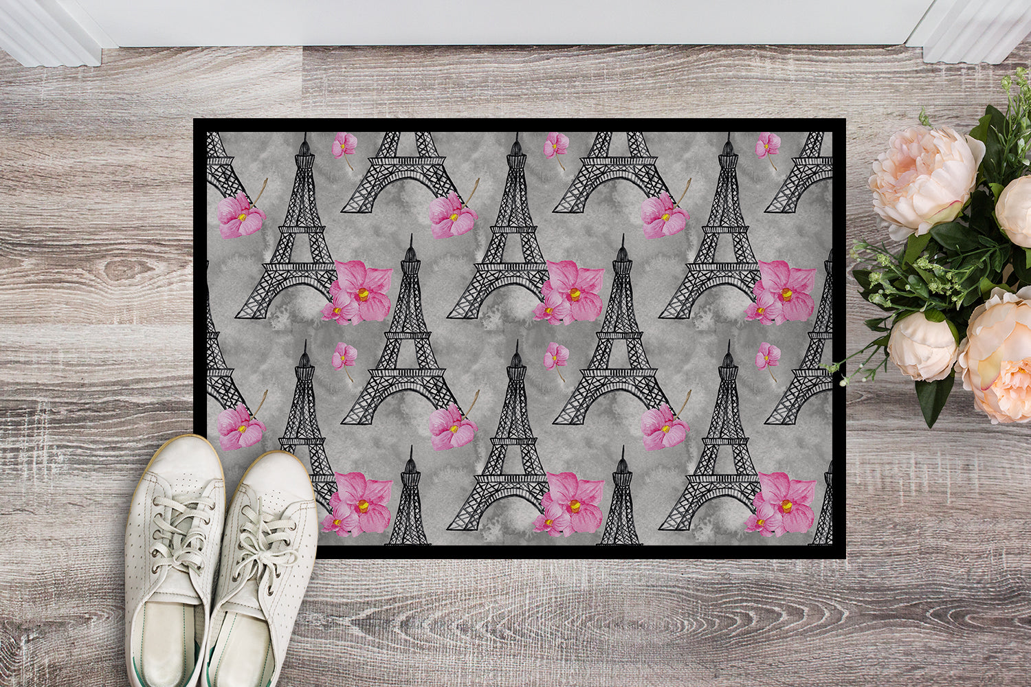 Watercolor Pink Flowers Eiffel Tower Indoor or Outdoor Mat 18x27 BB7503MAT - the-store.com