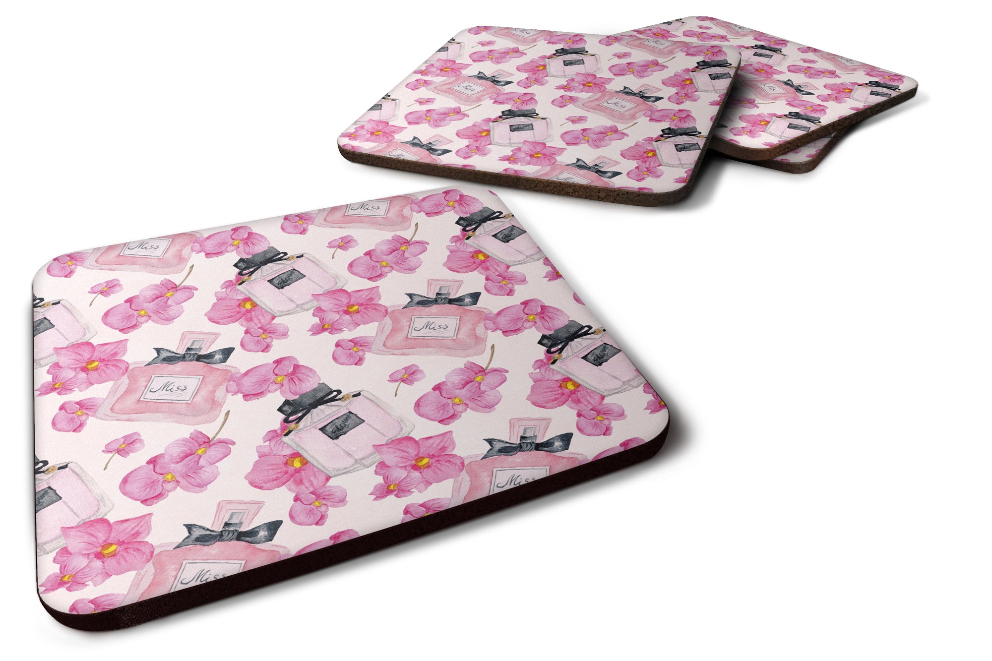 Watercolor Pink Flowers and Perfume Foam Coaster Set of 4 BB7510FC - the-store.com