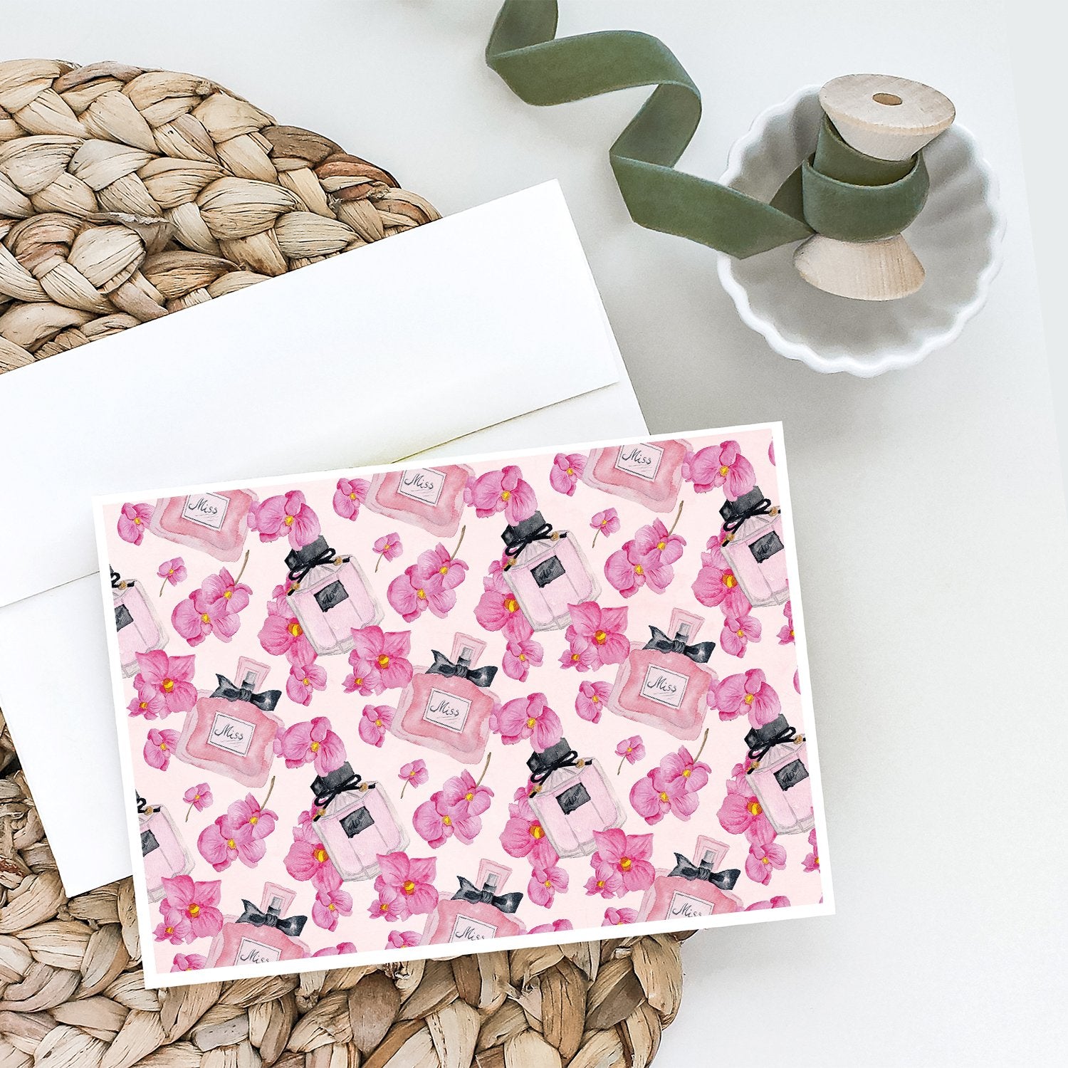 Buy this Watercolor Pink Flowers and Perfume Greeting Cards and Envelopes Pack of 8