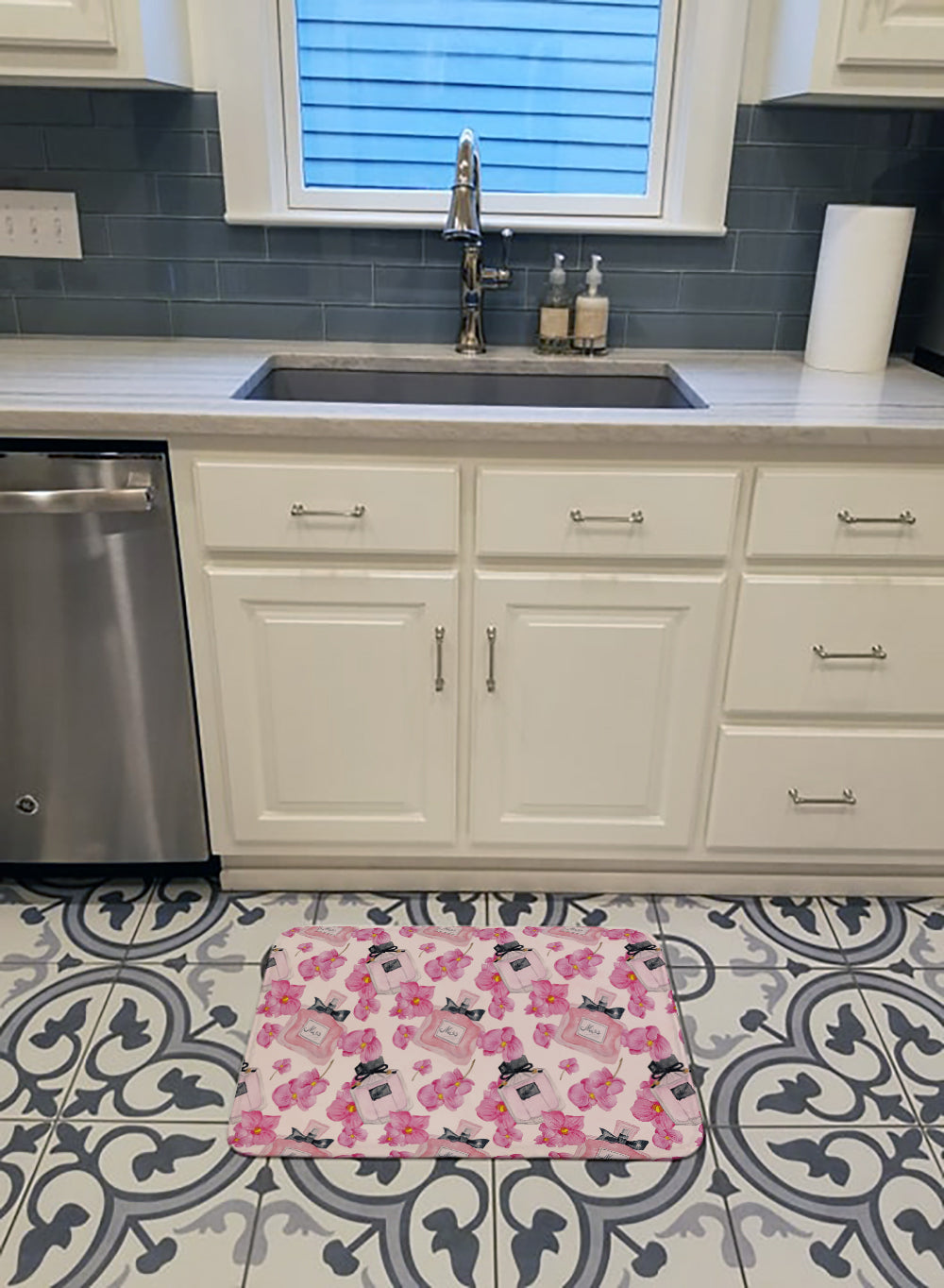 Watercolor Pink Flowers and Perfume Machine Washable Memory Foam Mat BB7510RUG - the-store.com