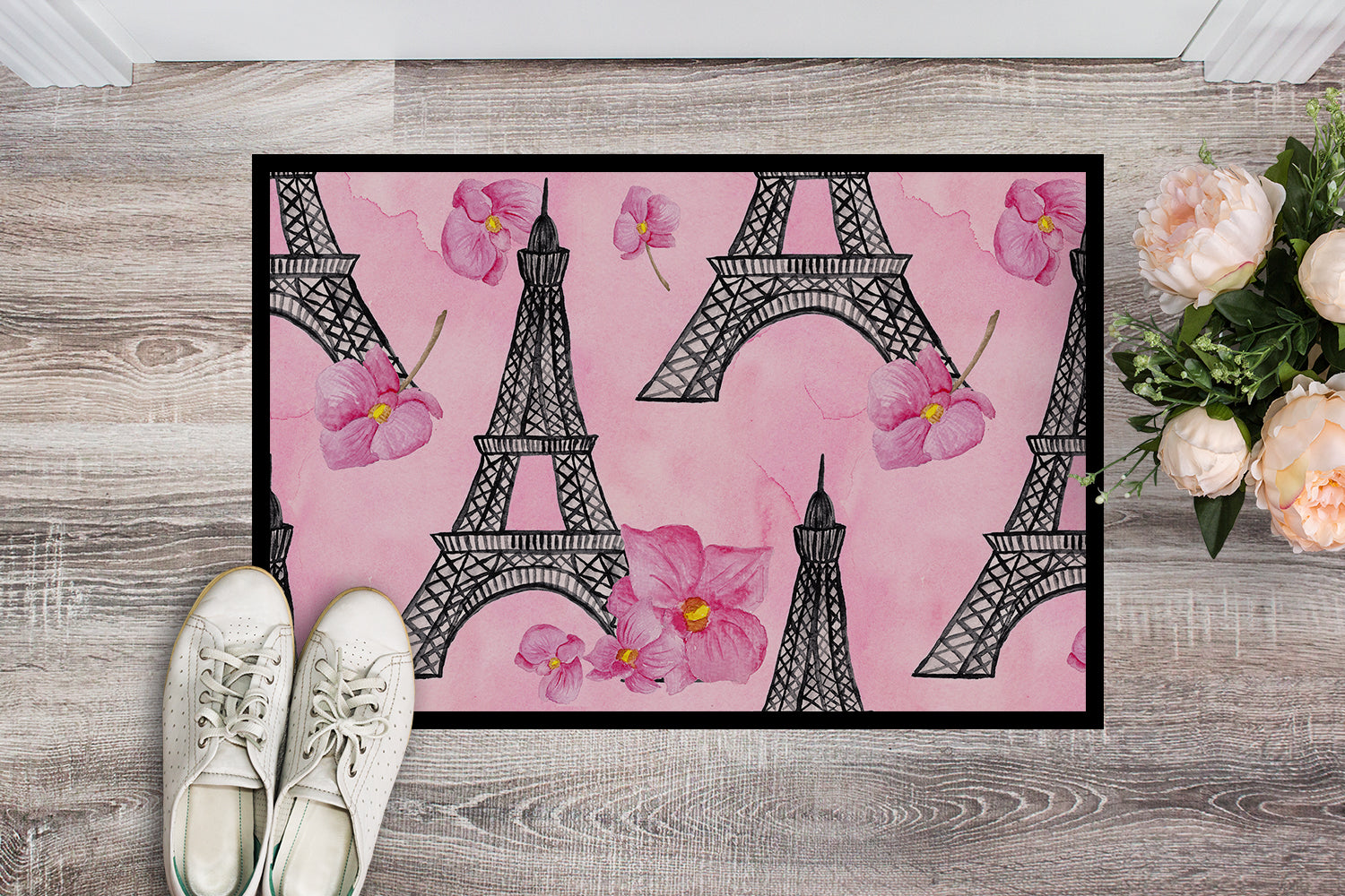 Watercolor Pink Flowers and Eiffel Tower Indoor or Outdoor Mat 18x27 BB7511MAT - the-store.com