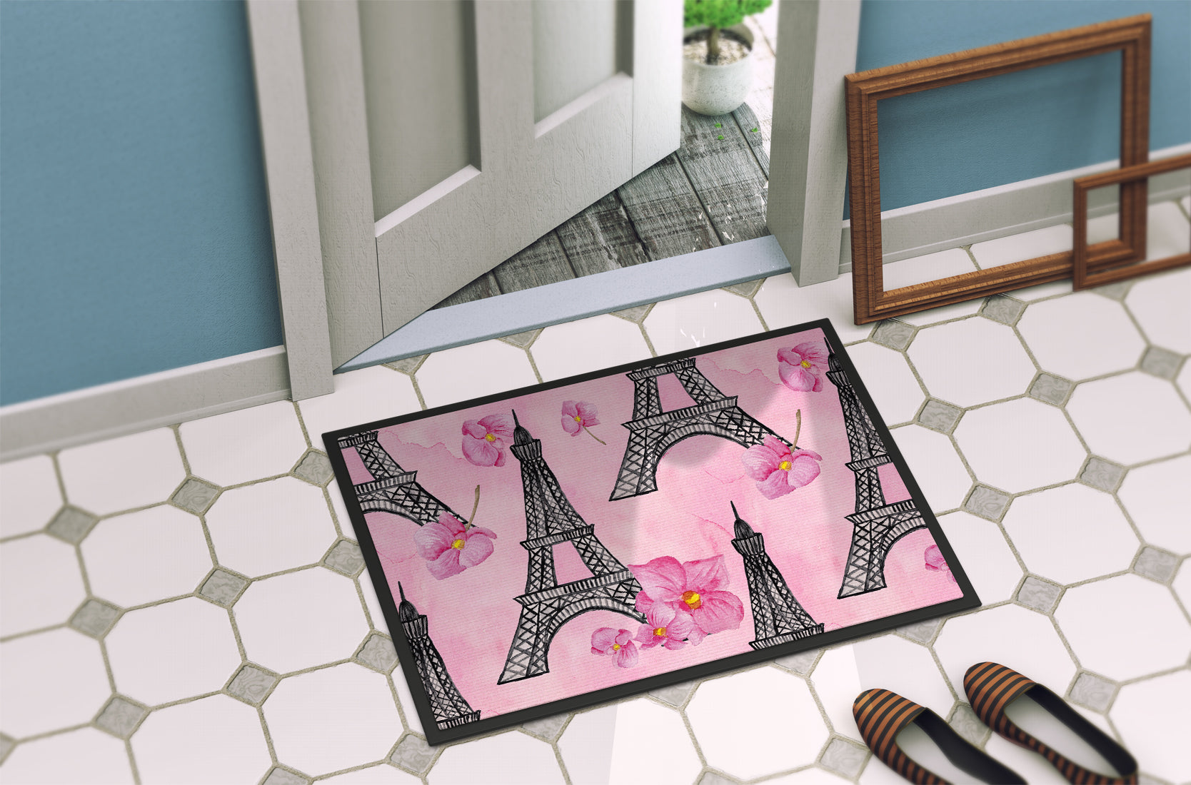 Watercolor Pink Flowers and Eiffel Tower Indoor or Outdoor Mat 18x27 BB7511MAT - the-store.com
