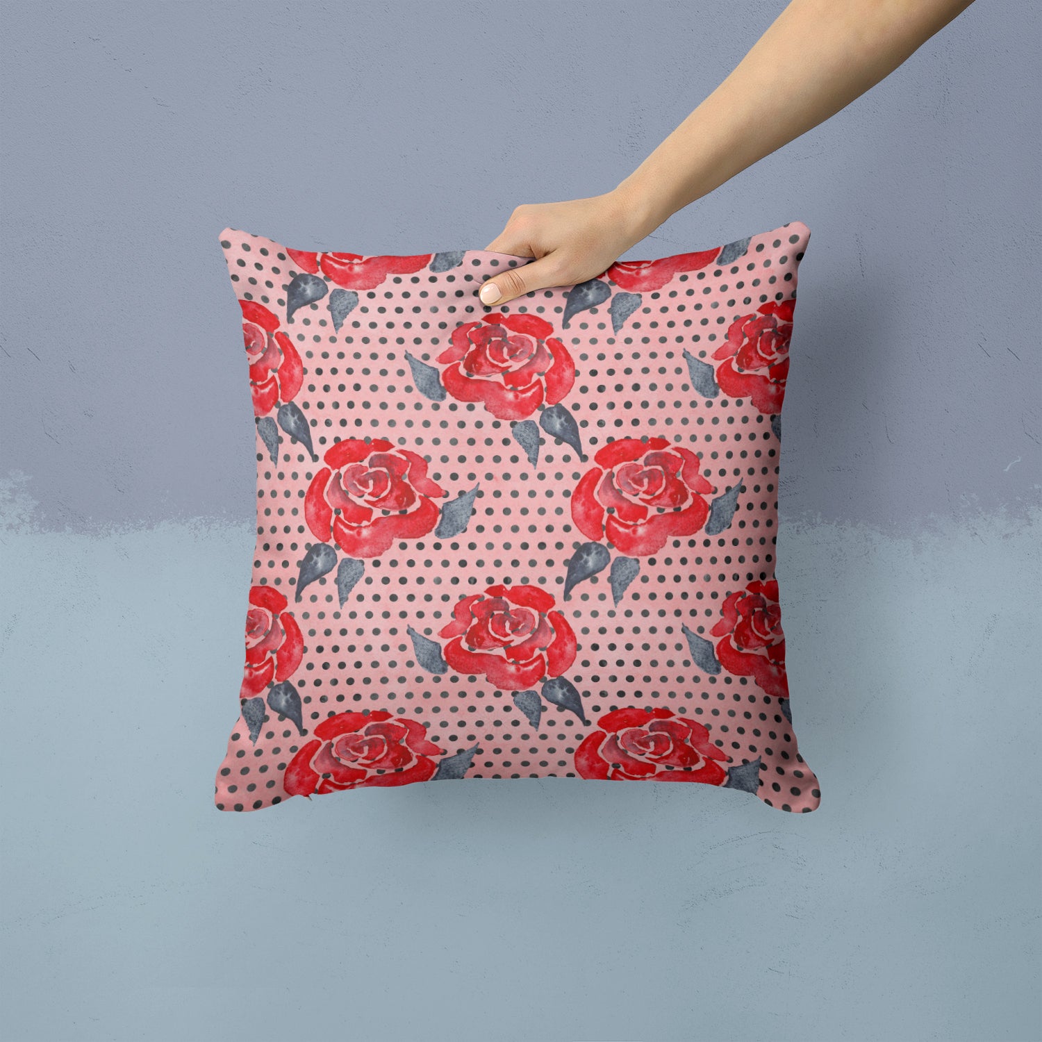 Watercolor Red Roses and Polkadots Fabric Decorative Pillow BB7513PW1414 - the-store.com