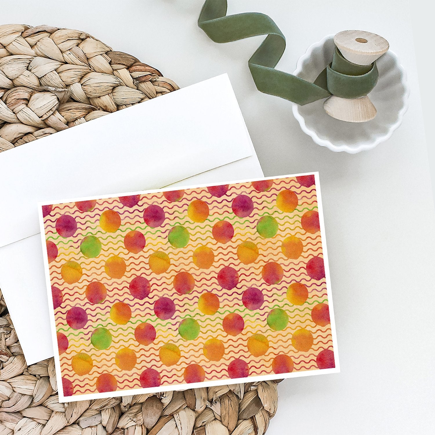 Watercolor Rainbow Dots and Sqiggles Greeting Cards and Envelopes Pack of 8 - the-store.com
