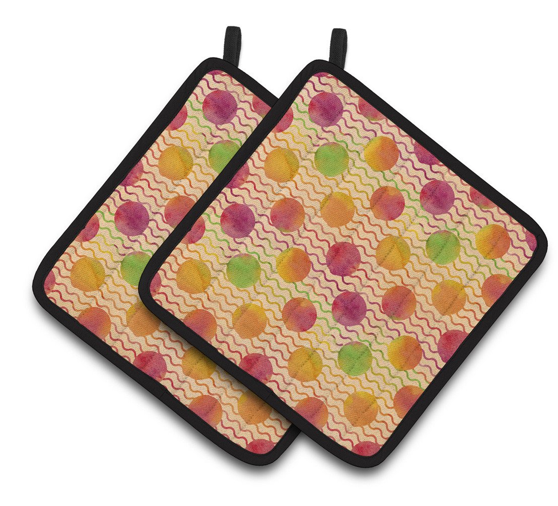 Watercolor Rainbow Dots and Sqiggles Pair of Pot Holders BB7514PTHD by Caroline&#39;s Treasures