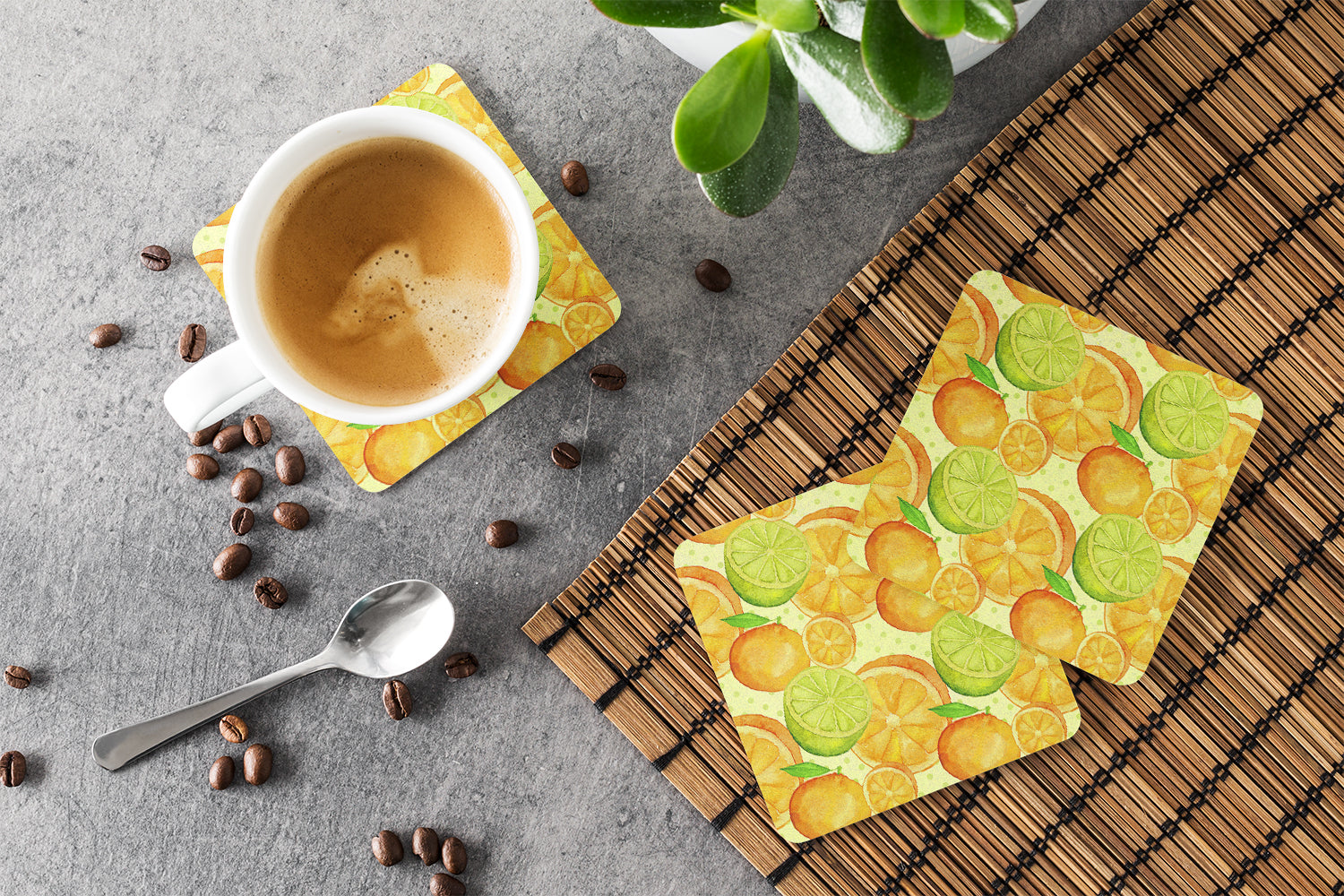 Watercolor Limes and Oranges Citrus Foam Coaster Set of 4 BB7517FC - the-store.com