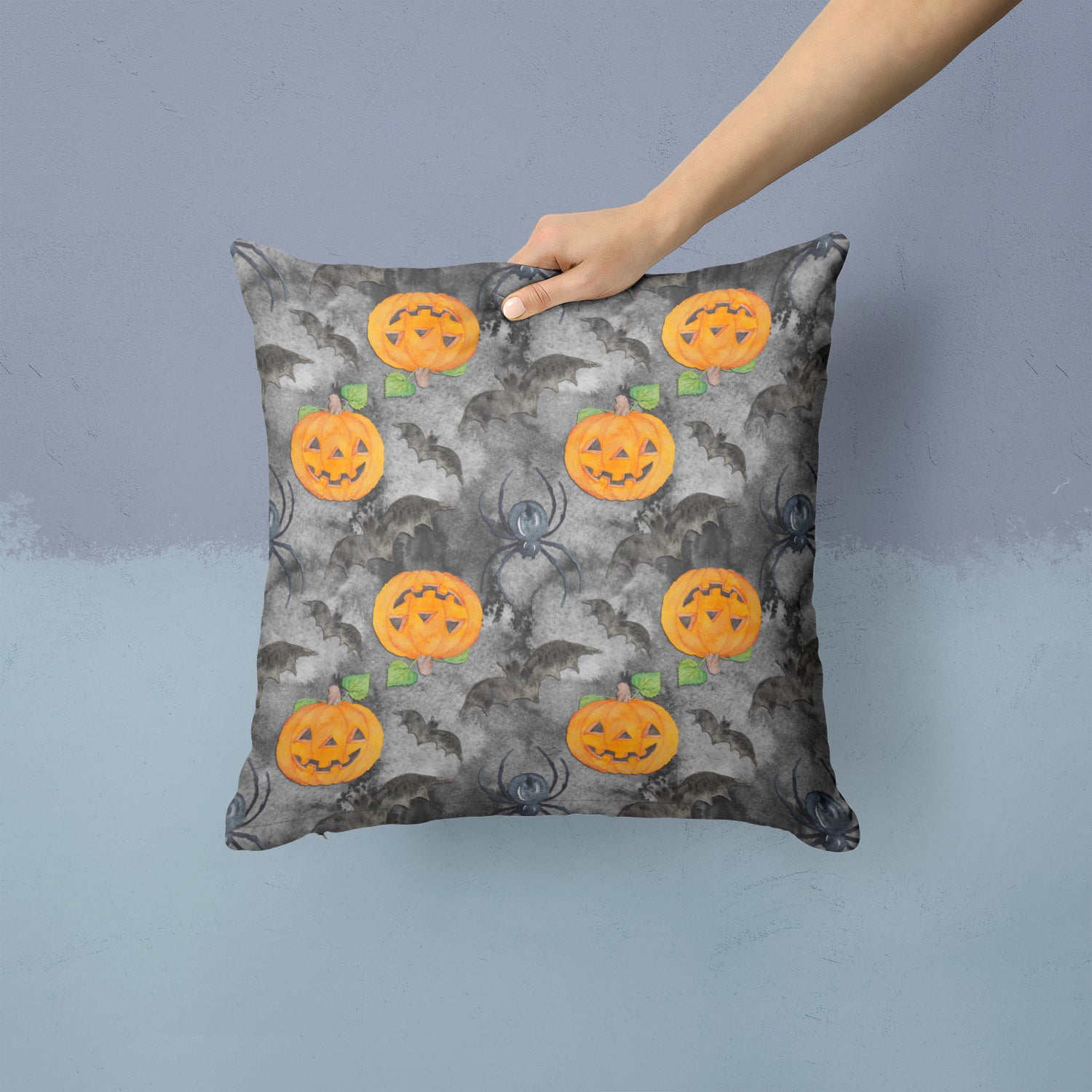 Watecolor Halloween Jack-O-Lantern Bats Fabric Decorative Pillow BB7525PW1414 - the-store.com