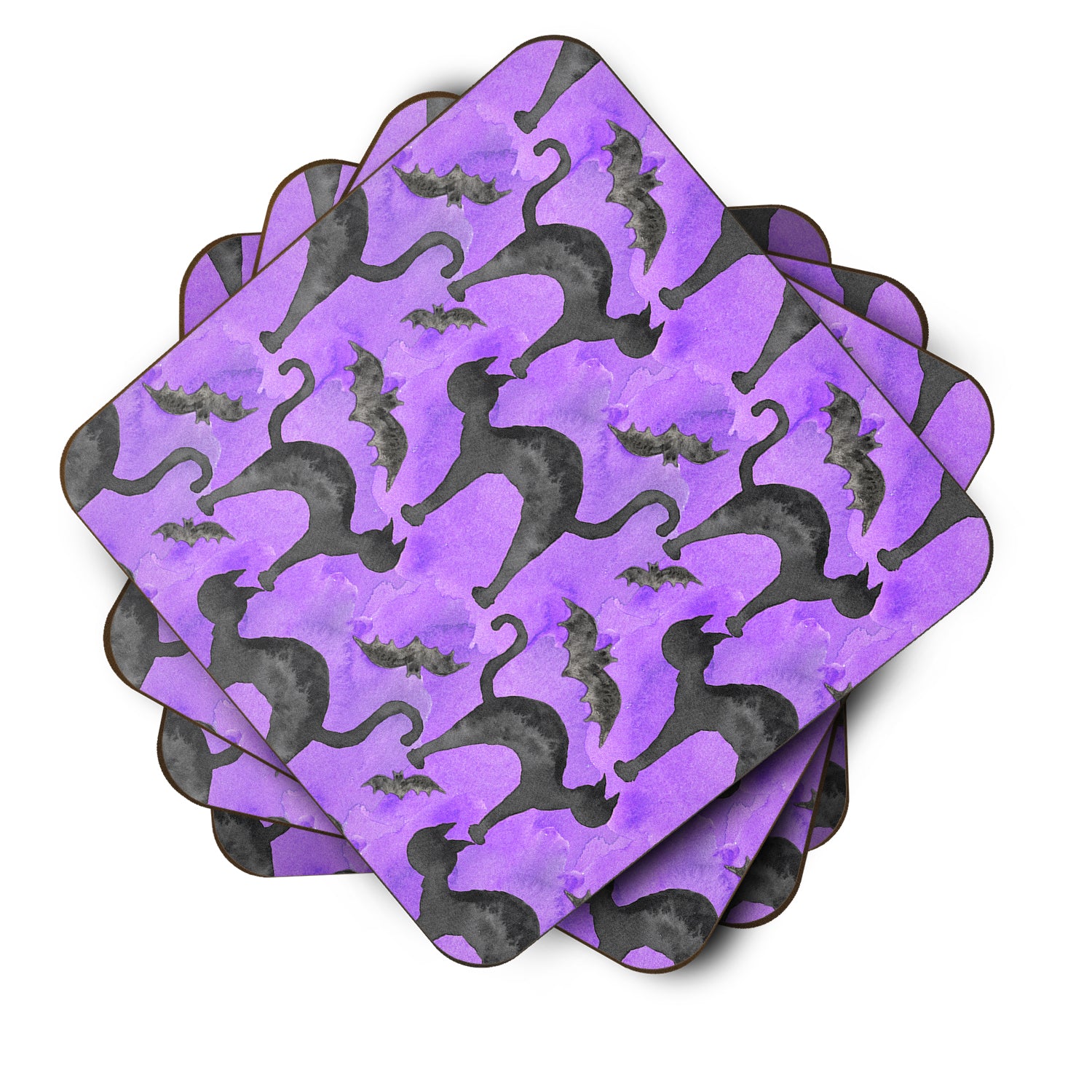 Watecolor Halloween Black Cats on Purple Foam Coaster Set of 4 BB7528FC - the-store.com