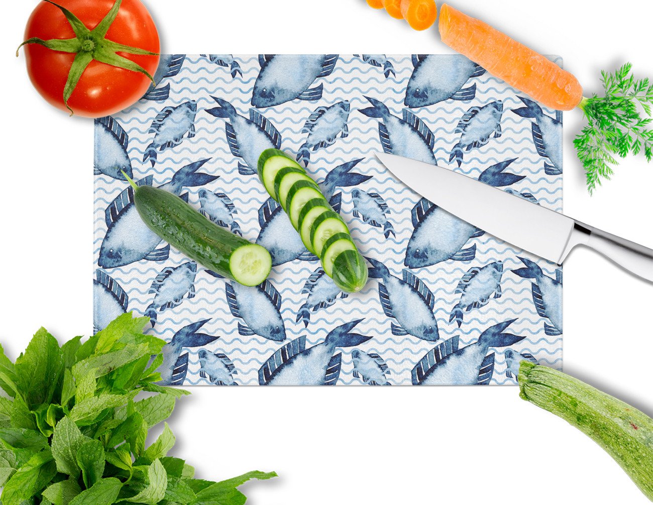 Beach Watercolor Fishes Glass Cutting Board Large BB7532LCB by Caroline's Treasures
