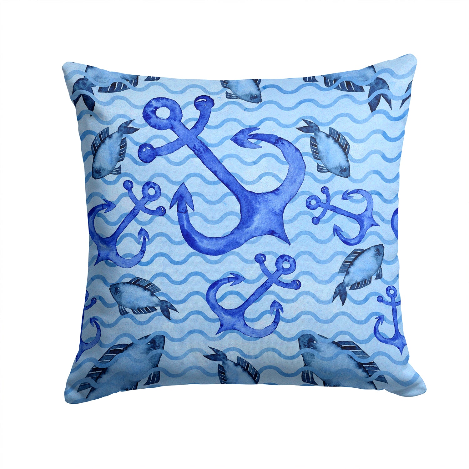 Beach Watercolor Anchors and Fish Fabric Decorative Pillow BB7534PW1414 - the-store.com