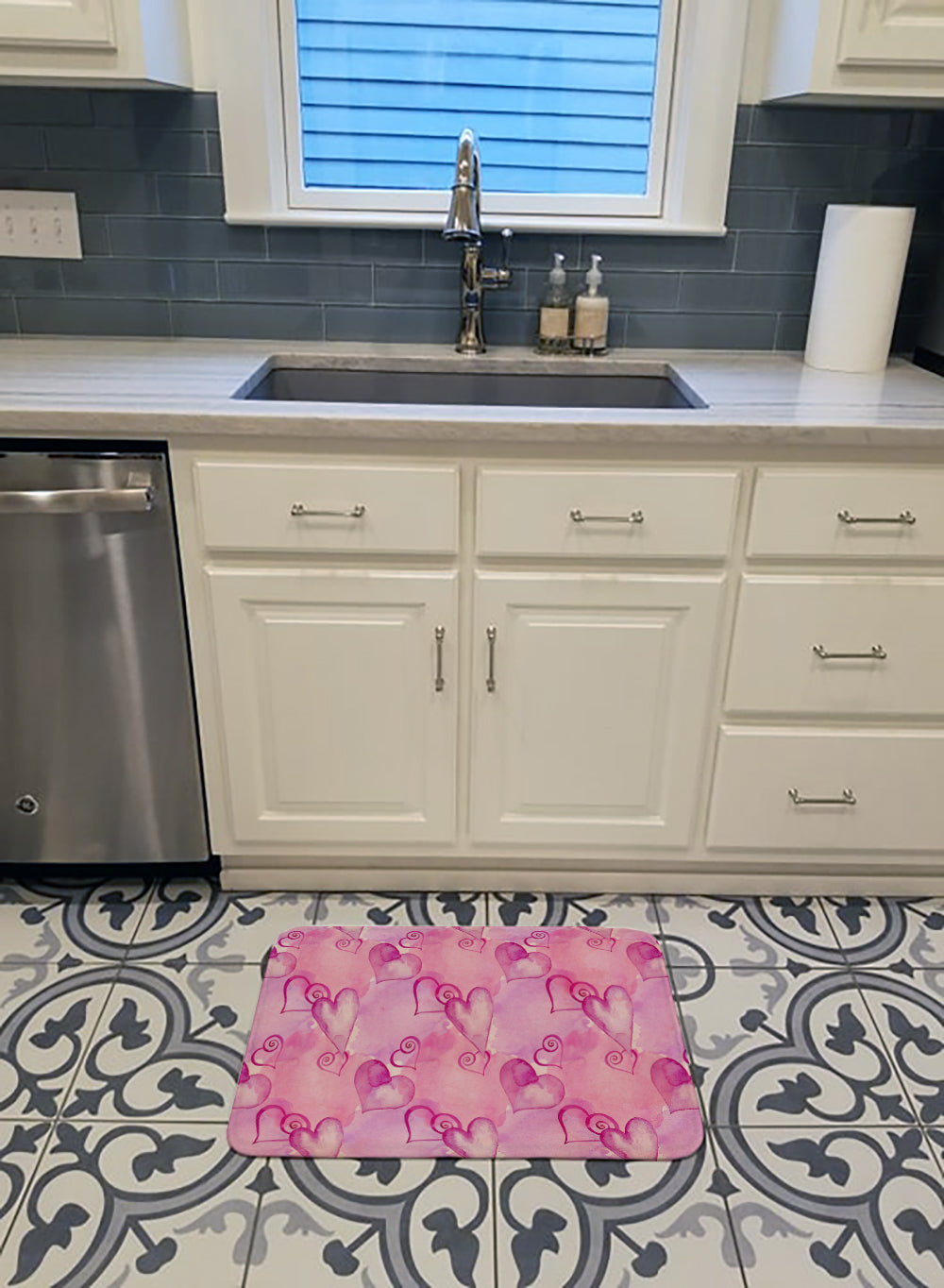 Watercolor Hot Pink Hearts Machine Washable Memory Foam Mat BB7564RUG - the-store.com