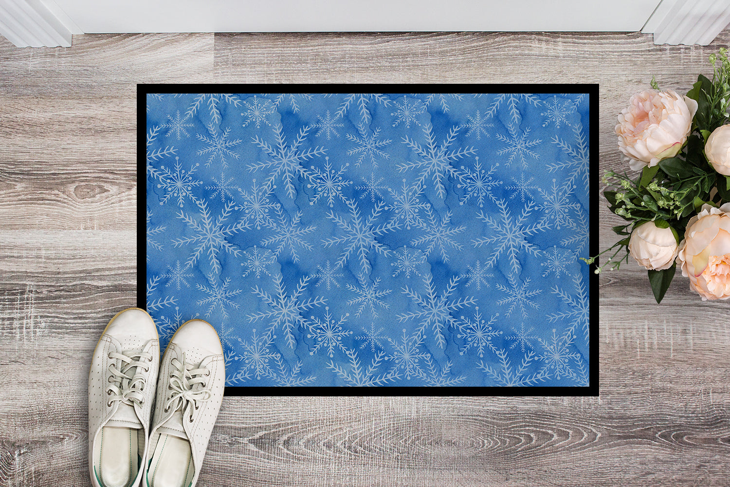 Watercolor Dark Blue Winter Snowflakes Indoor or Outdoor Mat 18x27 BB7576MAT - the-store.com