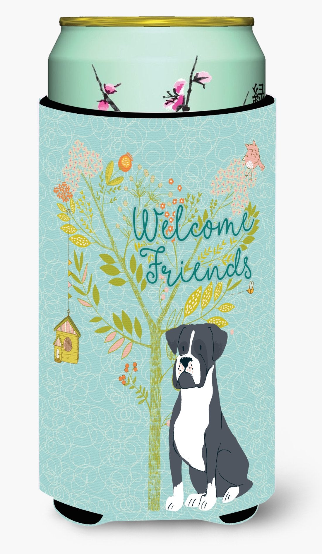 Welcome Friends Black Boxer Tall Boy Beverage Insulator Hugger BB7581TBC by Caroline&#39;s Treasures