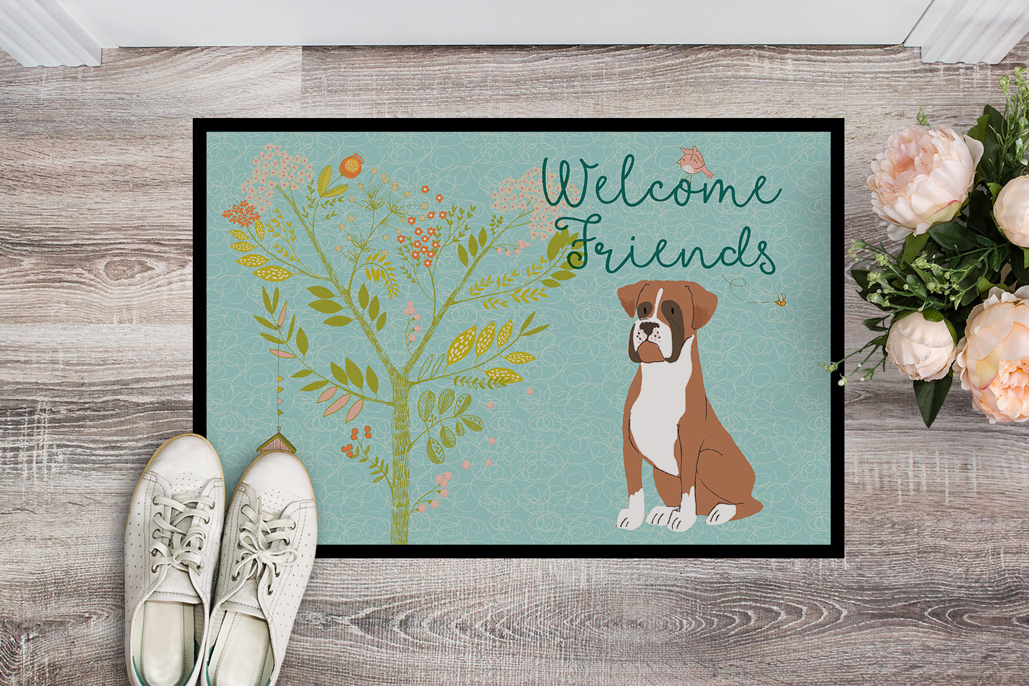 Welcome Friends Flashy Fawn Boxer Indoor or Outdoor Mat 18x27 BB7582MAT - the-store.com