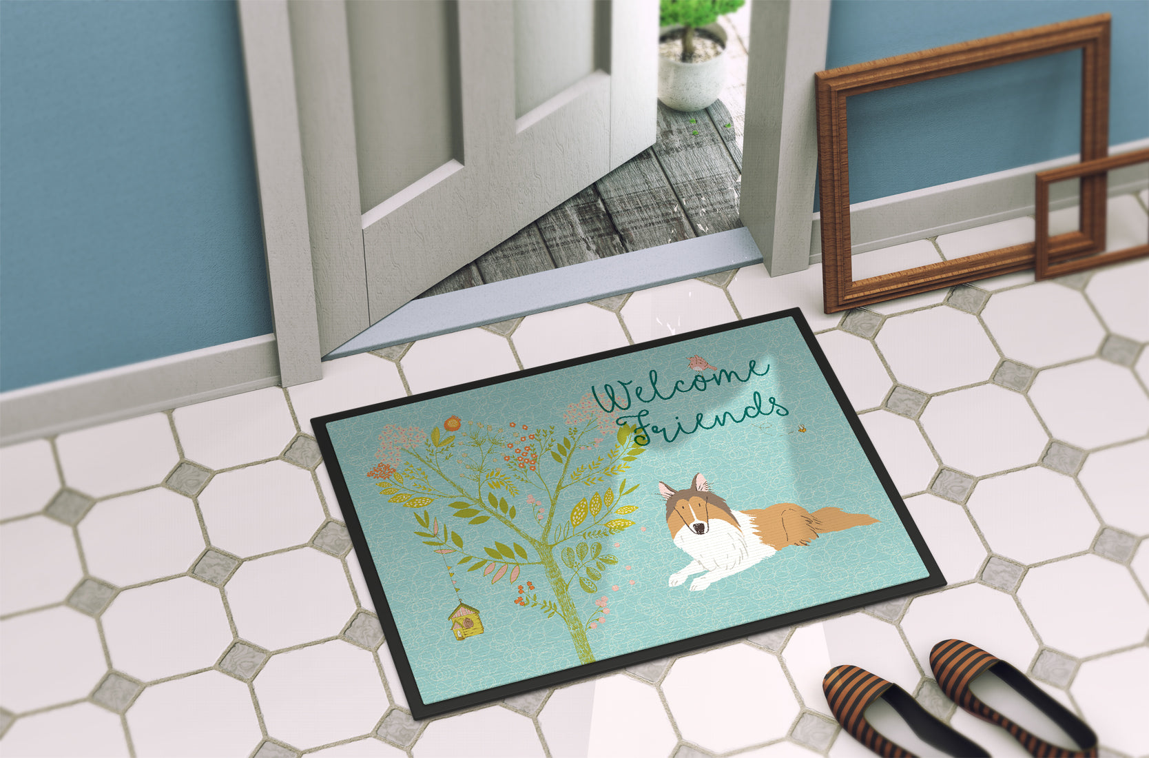 Welcome Friends Collie Indoor or Outdoor Mat 18x27 BB7584MAT - the-store.com