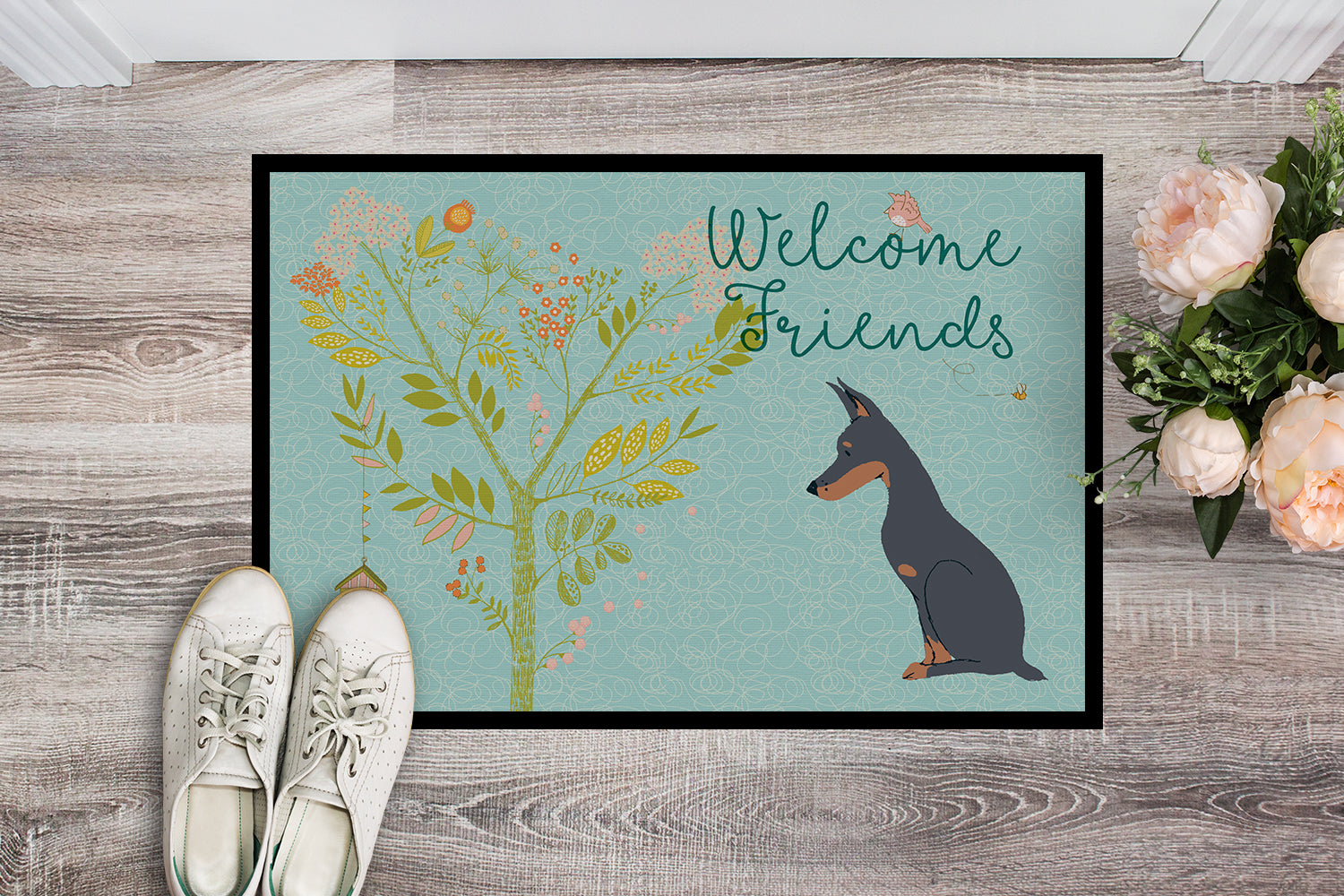 Welcome Friends Doberman Pinscher Indoor or Outdoor Mat 18x27 BB7586MAT - the-store.com