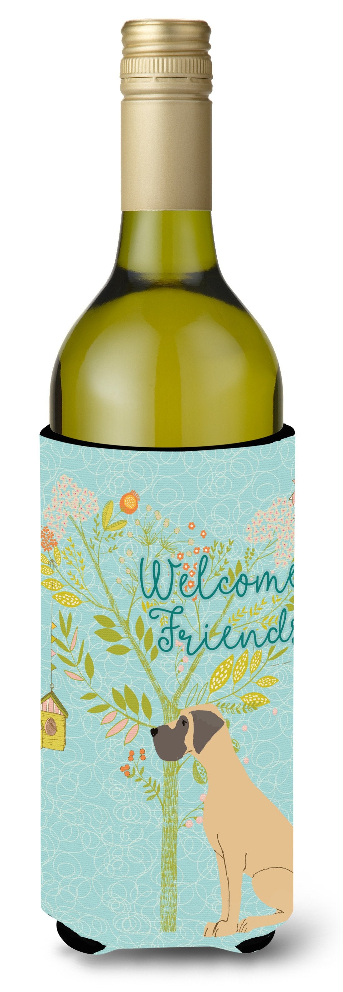 Welcome Friends Fawn Great Dane Natural Ears Wine Bottle Beverge Insulator Hugger BB7588LITERK by Caroline's Treasures