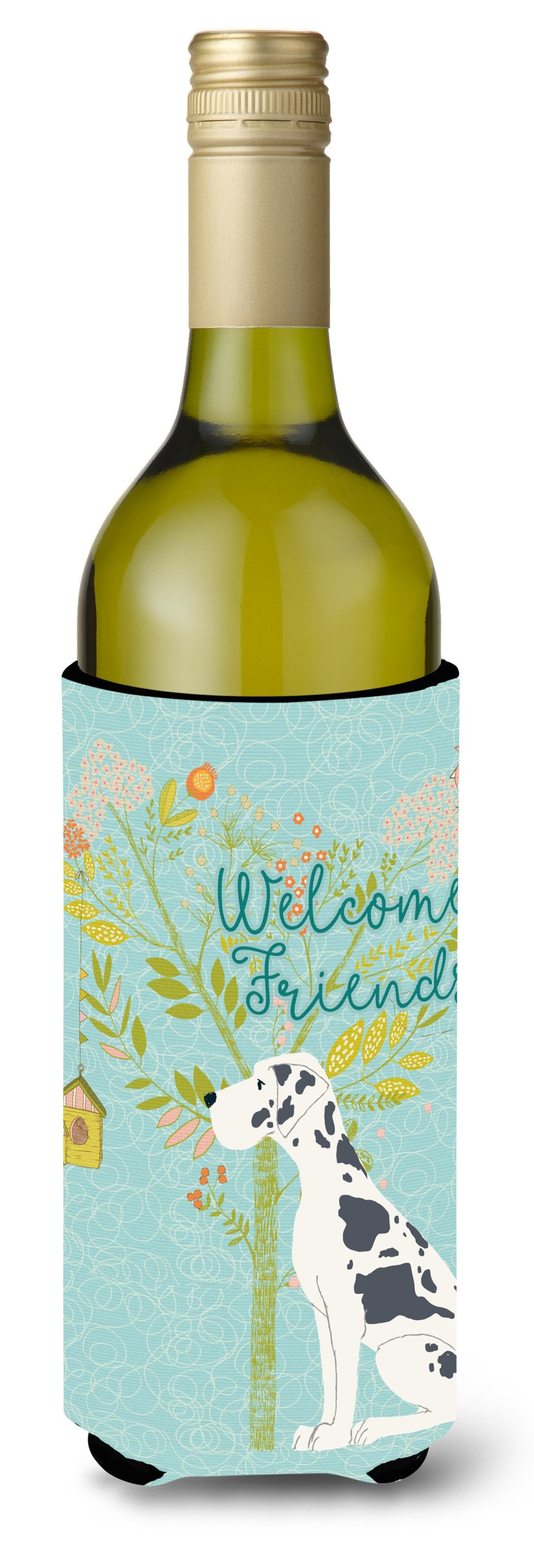 Welcome Friends Harlequin Great Dane Wine Bottle Beverge Insulator Hugger BB7590LITERK by Caroline's Treasures