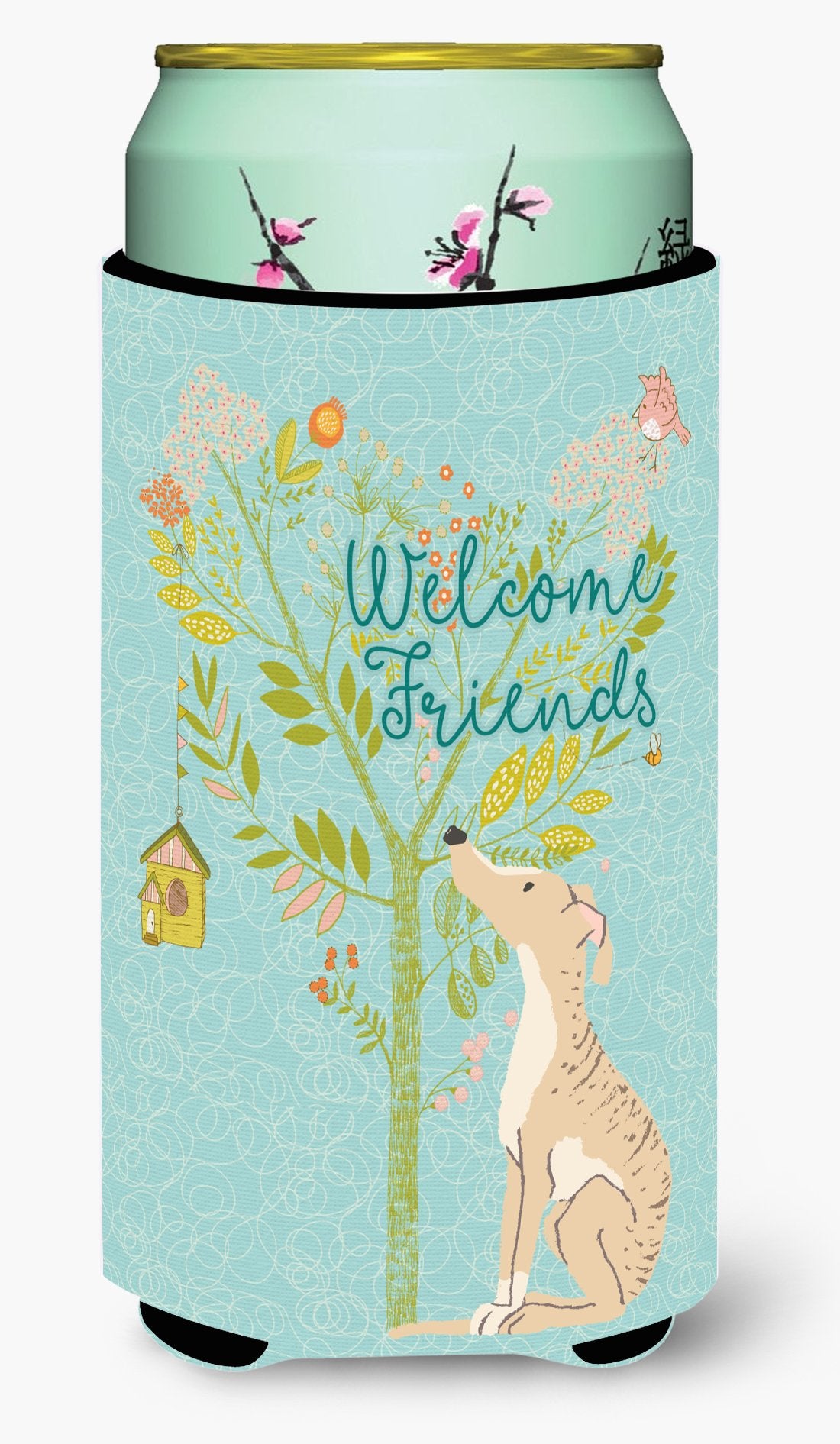 Welcome Friends Brindle Greyhound Tall Boy Beverage Insulator Hugger BB7591TBC by Caroline&#39;s Treasures