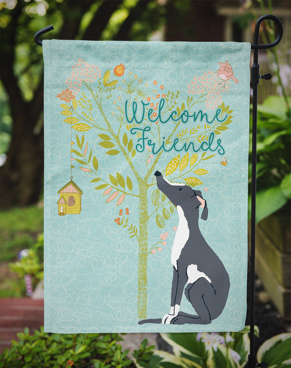 Welcome Friends Black White Greyhound Flag Garden Size BB7592GF  the-store.com.