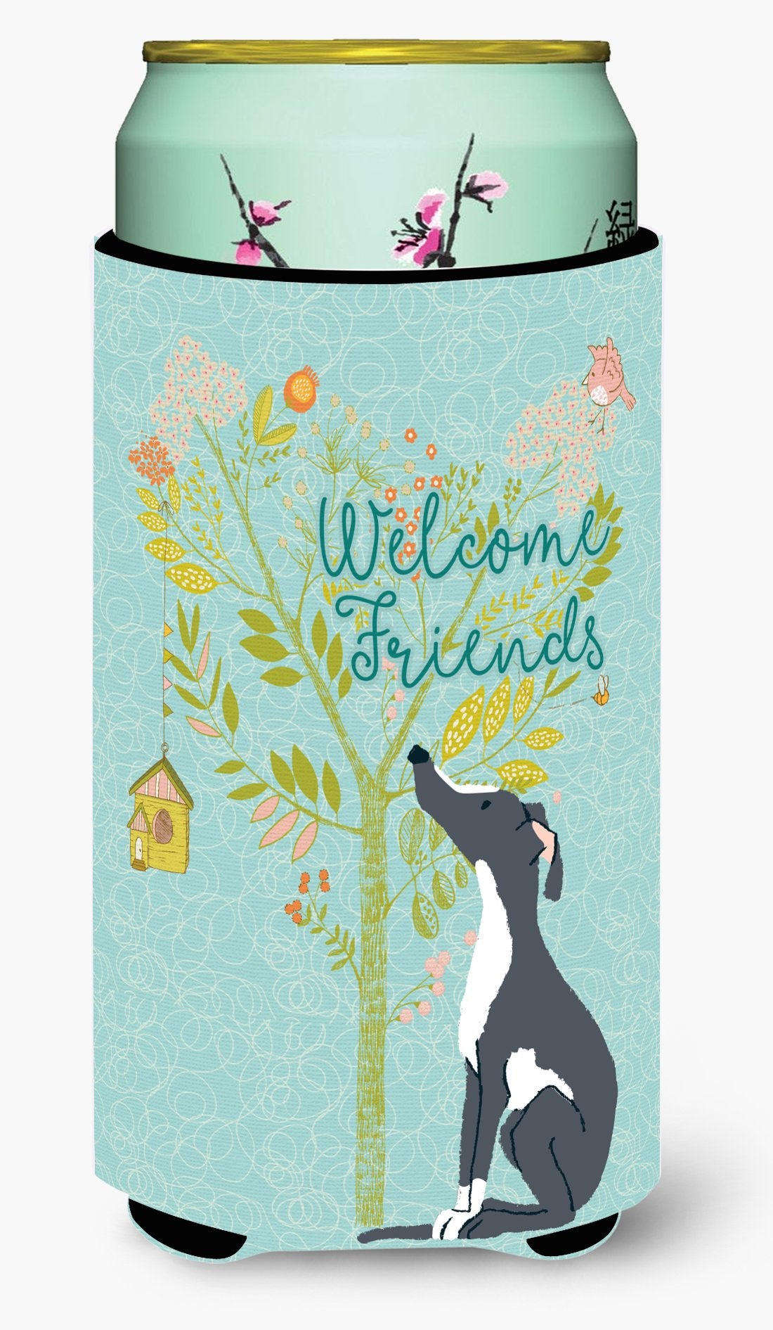 Welcome Friends Black White Greyhound Tall Boy Beverage Insulator Hugger BB7592TBC by Caroline's Treasures