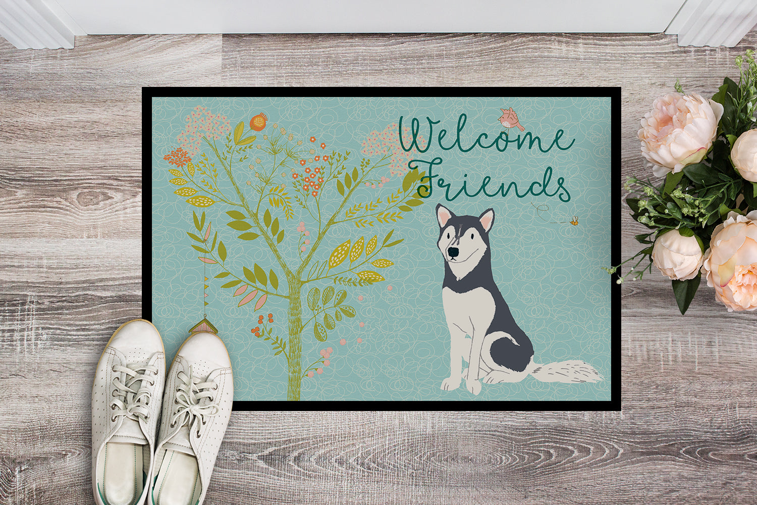 Welcome Friends Siberian Husky Indoor or Outdoor Mat 18x27 BB7594MAT - the-store.com