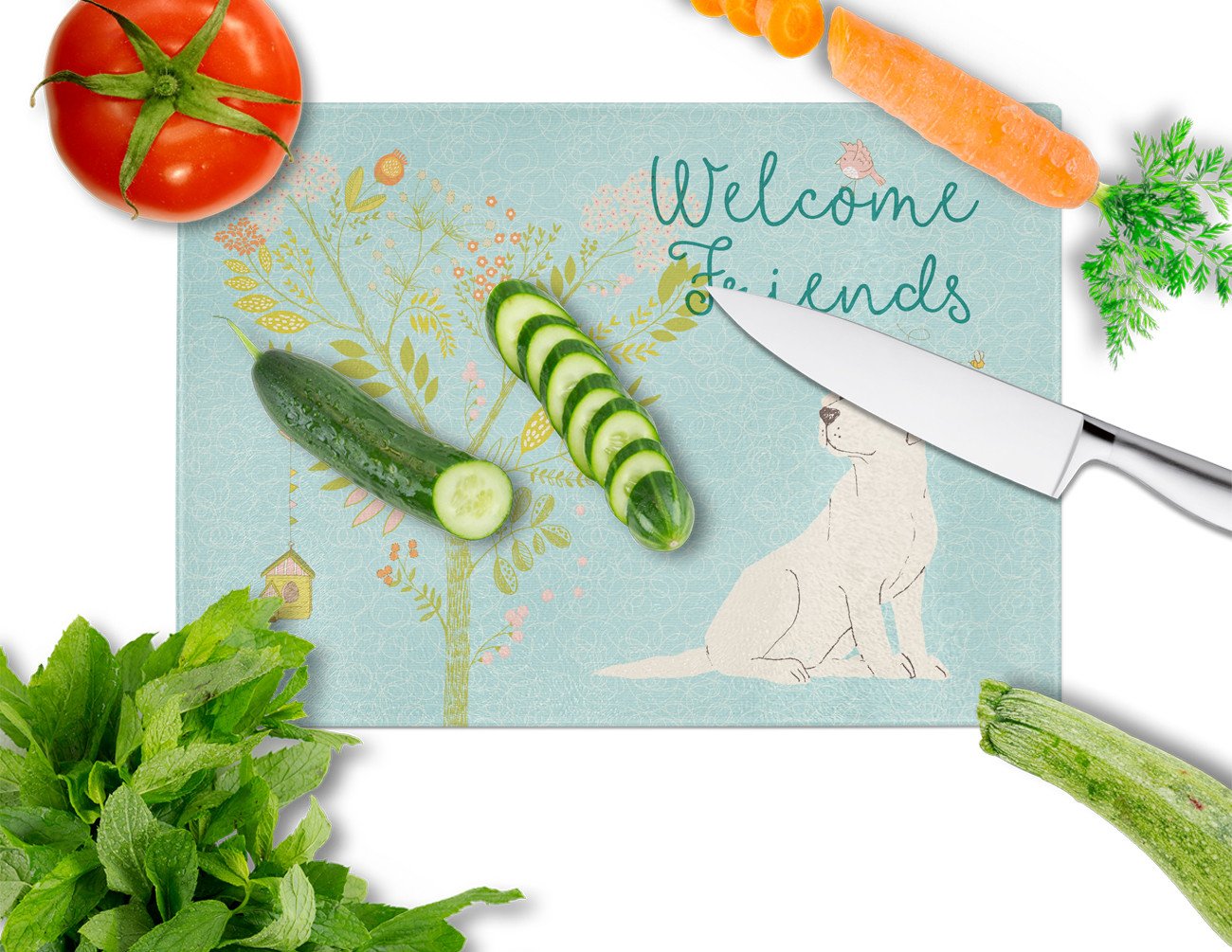 Welcome Friends Yellow Labrador Retriever Glass Cutting Board Large BB7596LCB by Caroline's Treasures