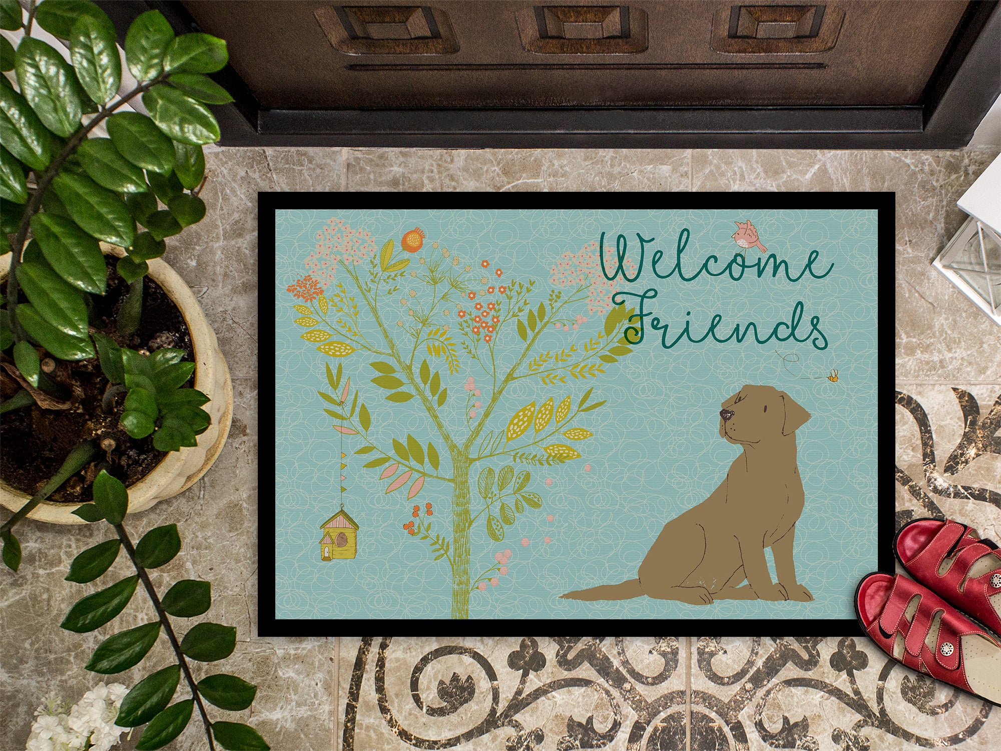 Welcome Friends Chocolate Labrador Retriever Indoor or Outdoor Mat 18x27 BB7597MAT - the-store.com