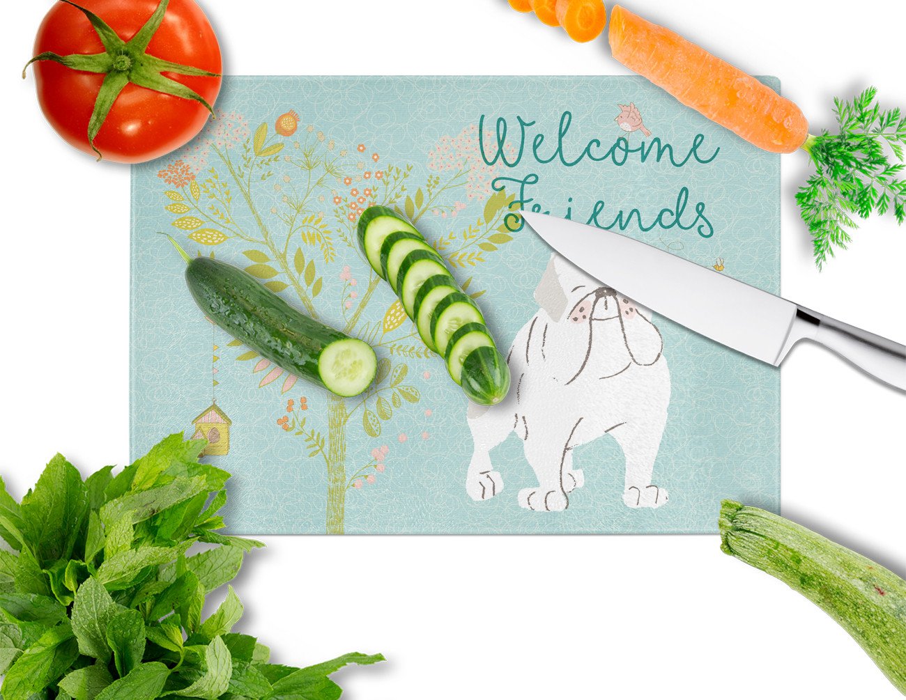 Welcome Friends English Bulldog White Glass Cutting Board Large BB7603LCB by Caroline's Treasures